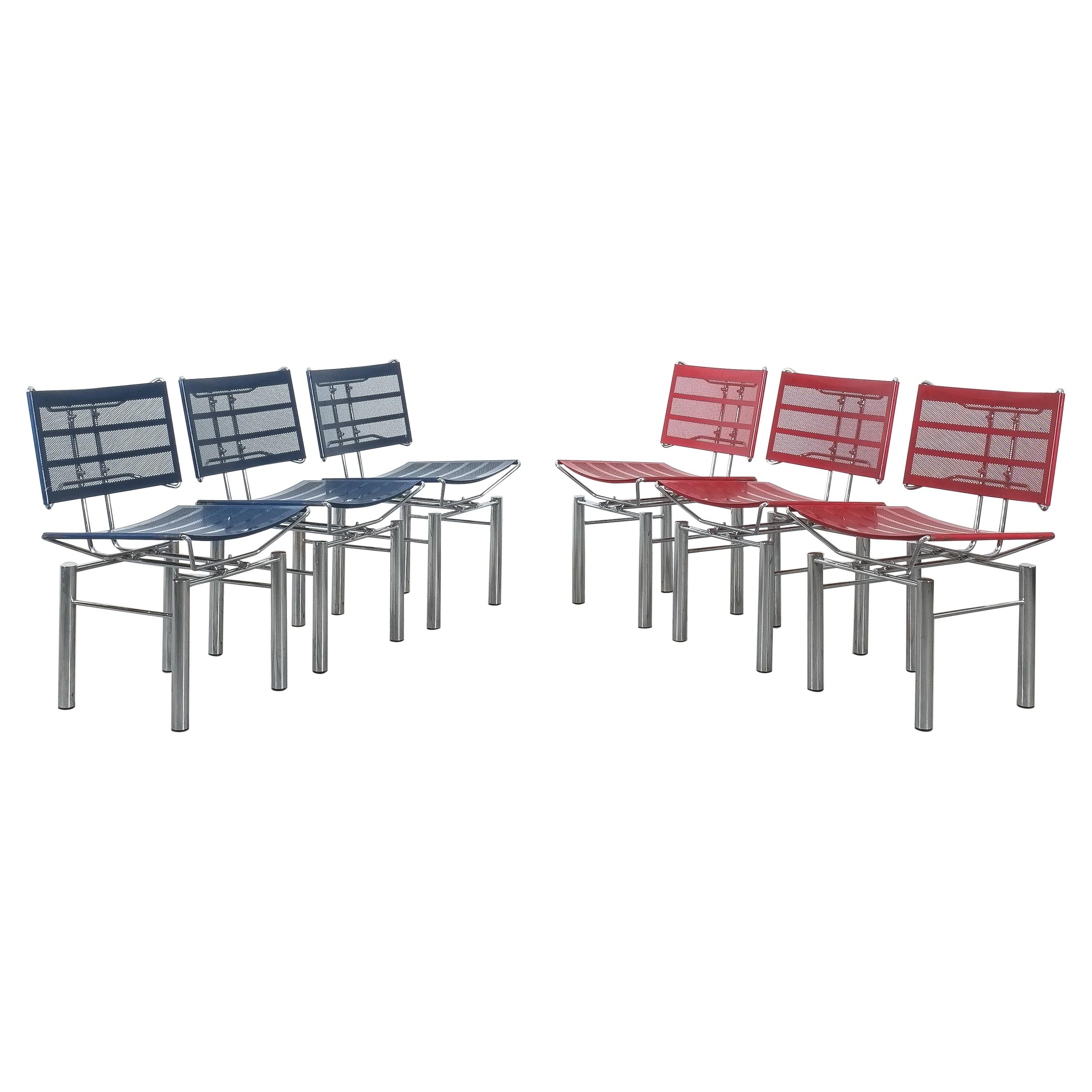 Ensemble de 10 chaises en métal rouge et bleu de Hans Ullrich Bitsch, Série 8600 en vente