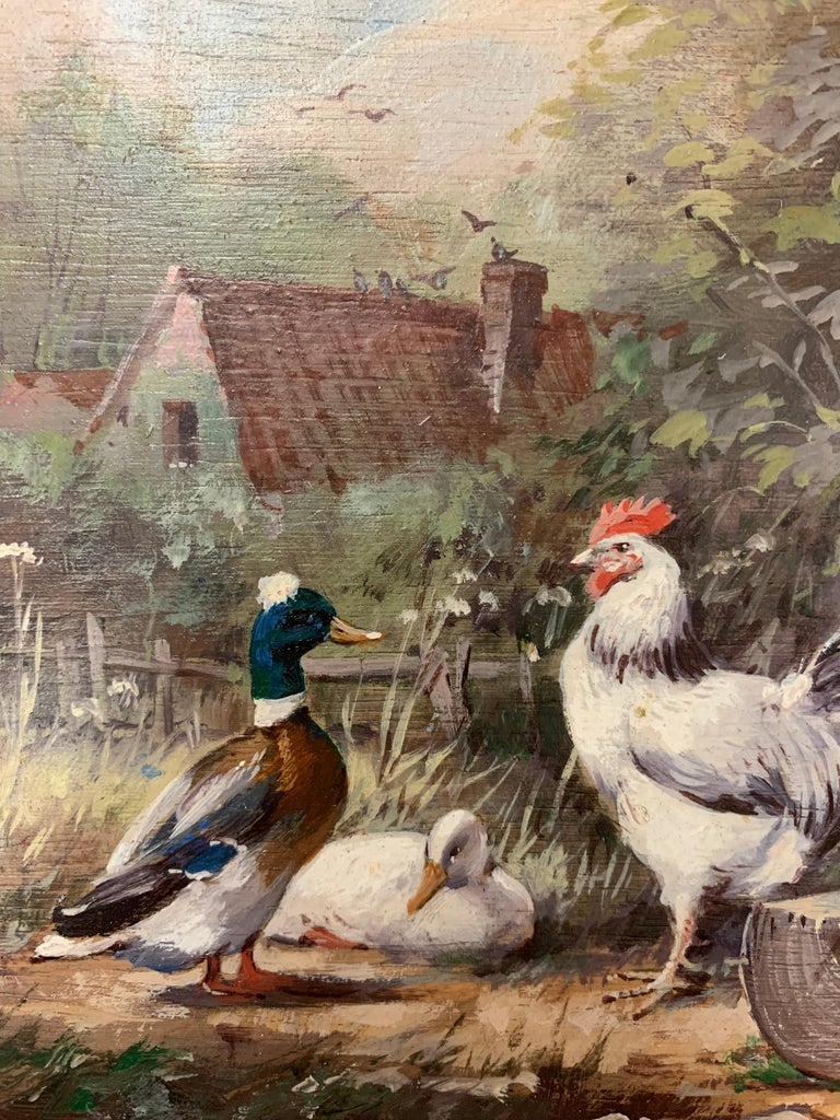 Artist: Hans-Ulrich Muhlhausen (Born in 1915-1987)
Title: Chickens and Ducks
Medium: Oil on Panel
Dimensions: Framed  11” x 9”, Unframed 9” x 7”

Description
A small oil painting of a German agrarian landscape.  The chickens and ducks peck at the