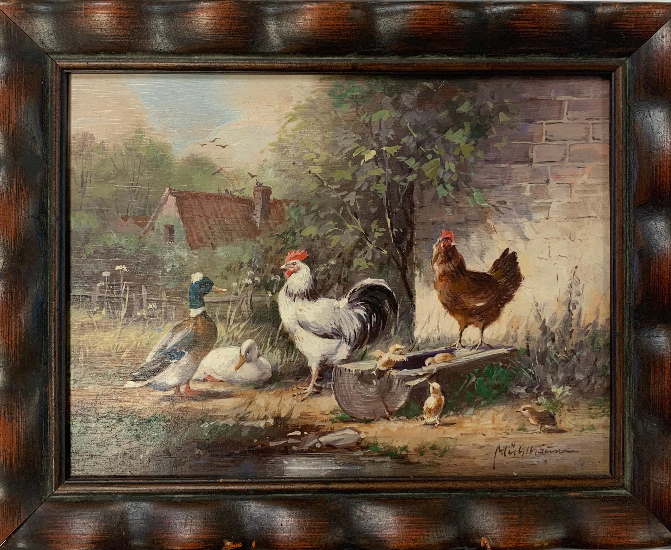 Hans-Ulrich Muhlhausen Landscape Painting – Hühner und Enten, Deutsches Realismus, Gemälde
