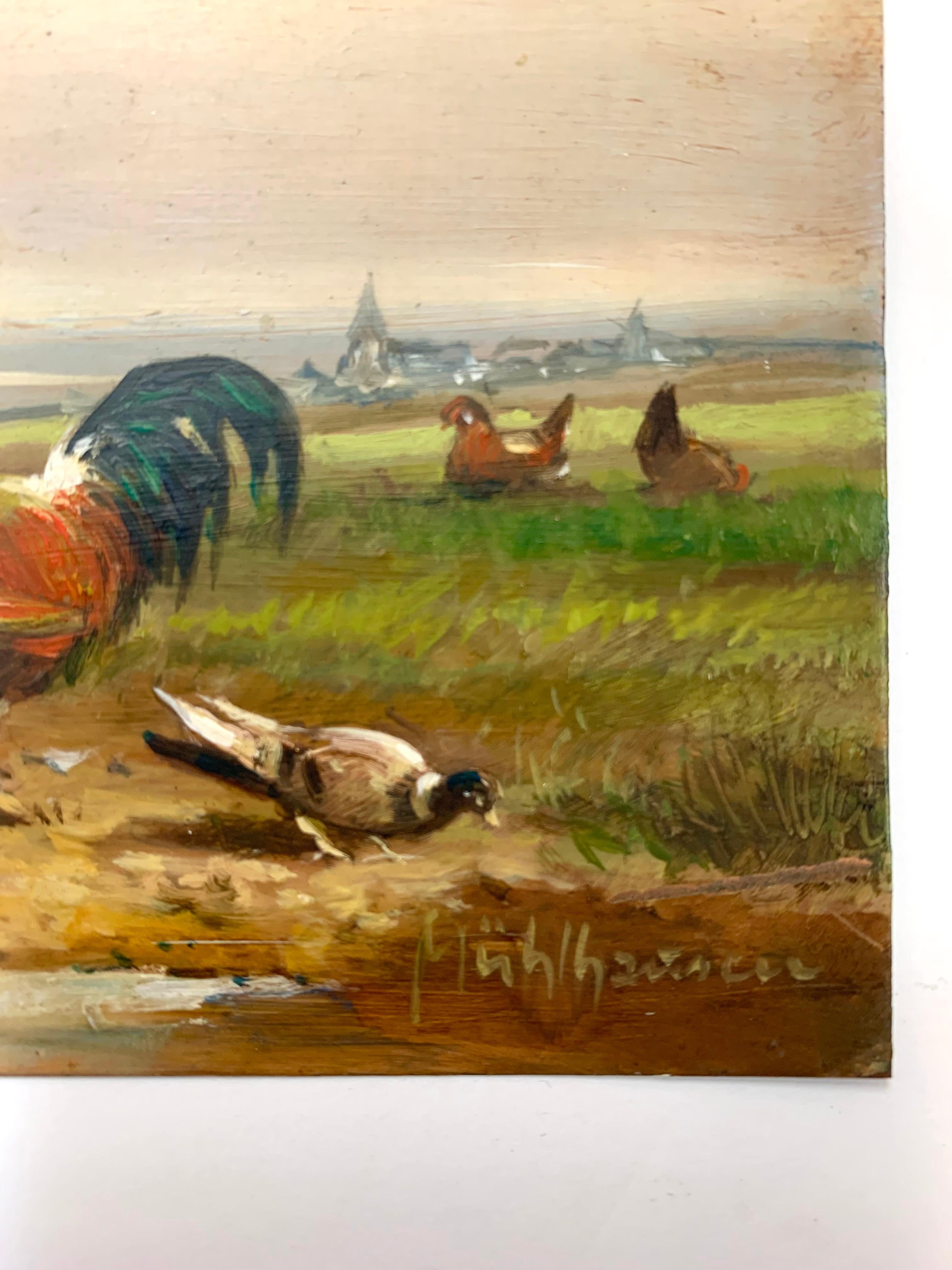 Artist: Hans-Ulrich Muhlhausen ( 1915-1987)
Title: Chickens and Pigeons
Medium: Oil on Copper 
Dimensions:  Unframed 8” x 6”

A small oil painting of a German agrarian landscape carefully executed on copperplate. The rooster dominates the foreground