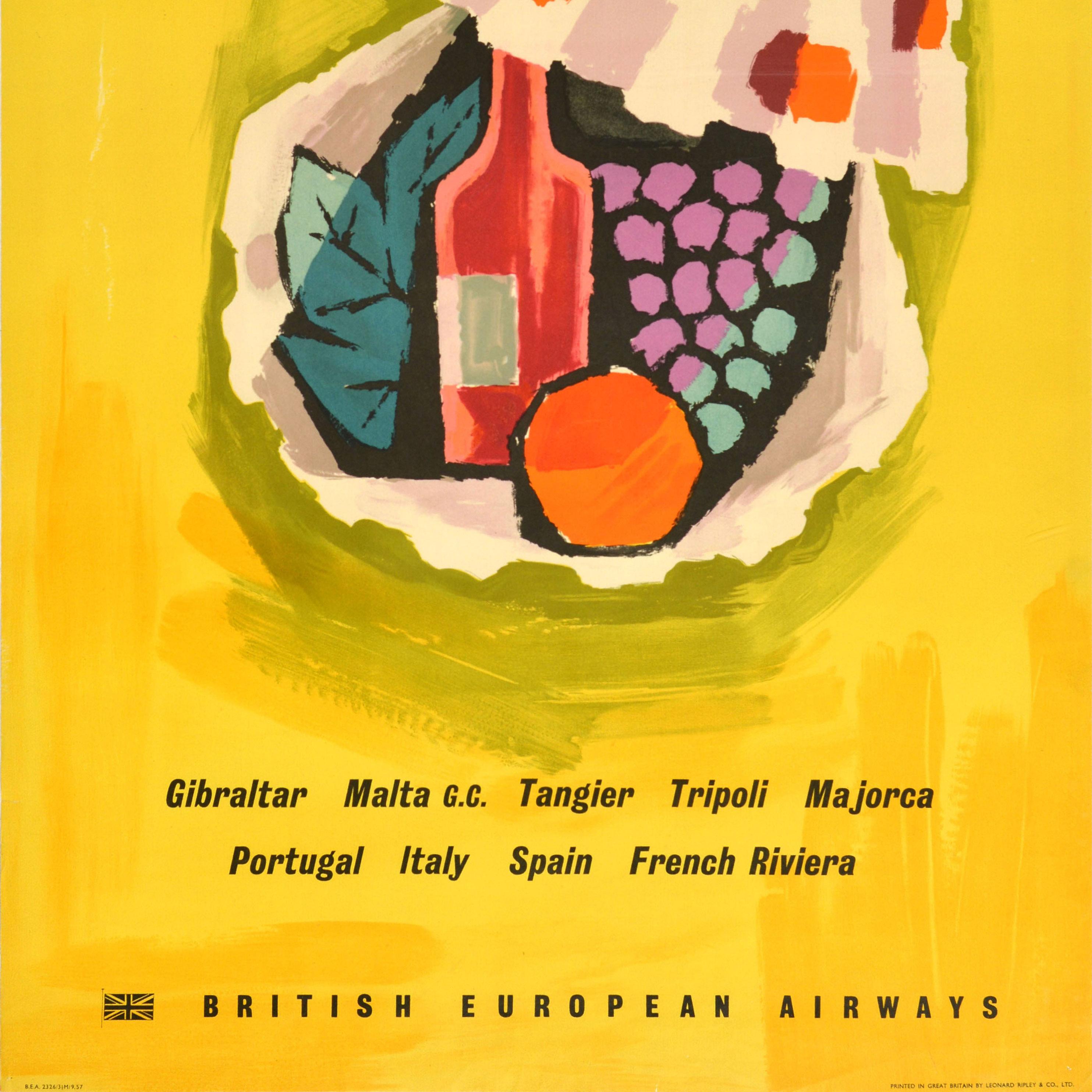 Original vintage travel poster - Fly BEA to the Sun Gibraltar Malta Tangier Tripoli Majorca Portugal Italy Spain French Riviera - featuring a colourful graphic design by the notable poster artist, mosaicist and illustrator Hans Unger (1915-75) of