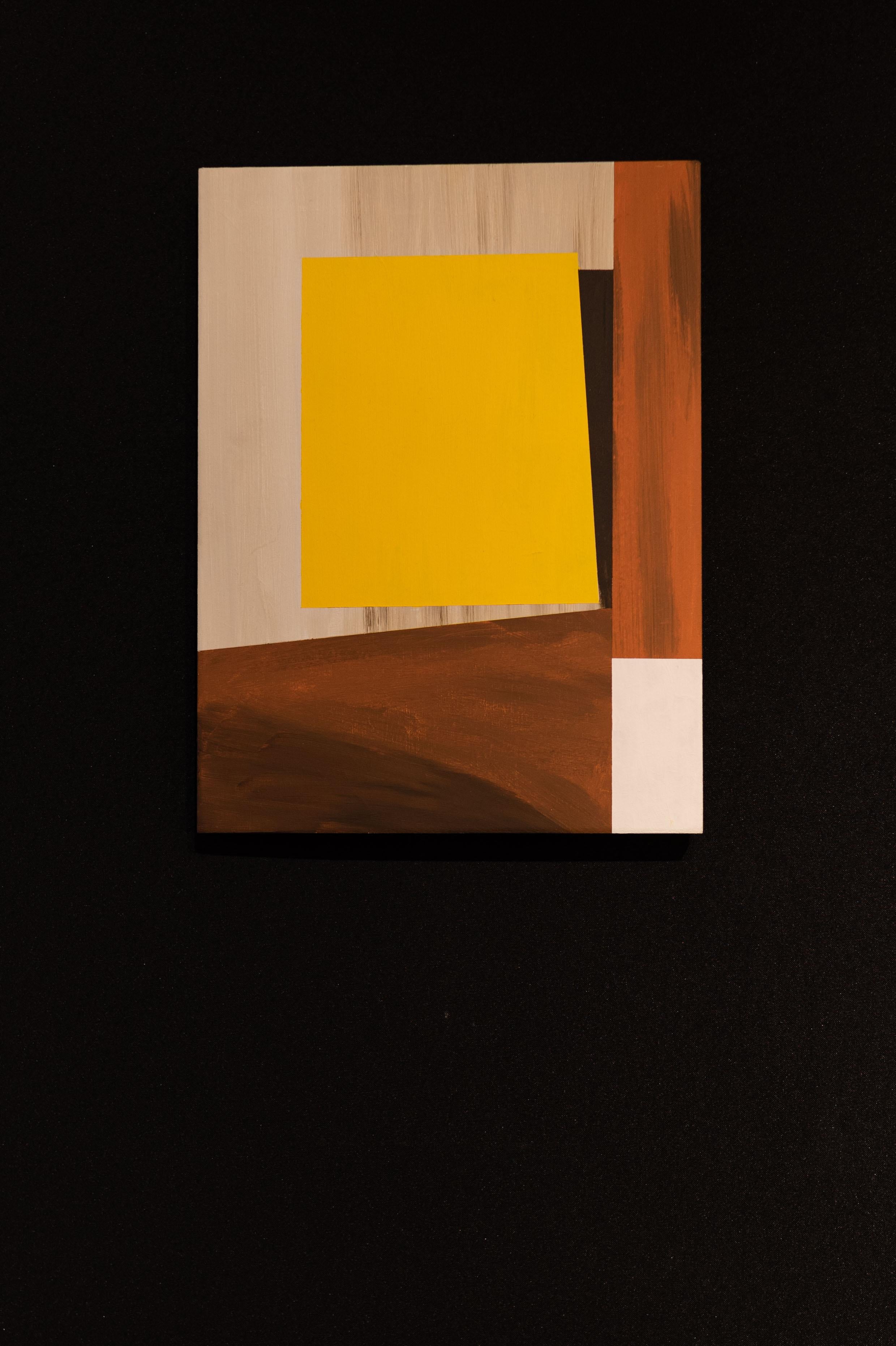 Peinture à l'huile sur Wood d'une composition géométrique abstraite en brun et jaune. - Painting de Hans Vandeweghe