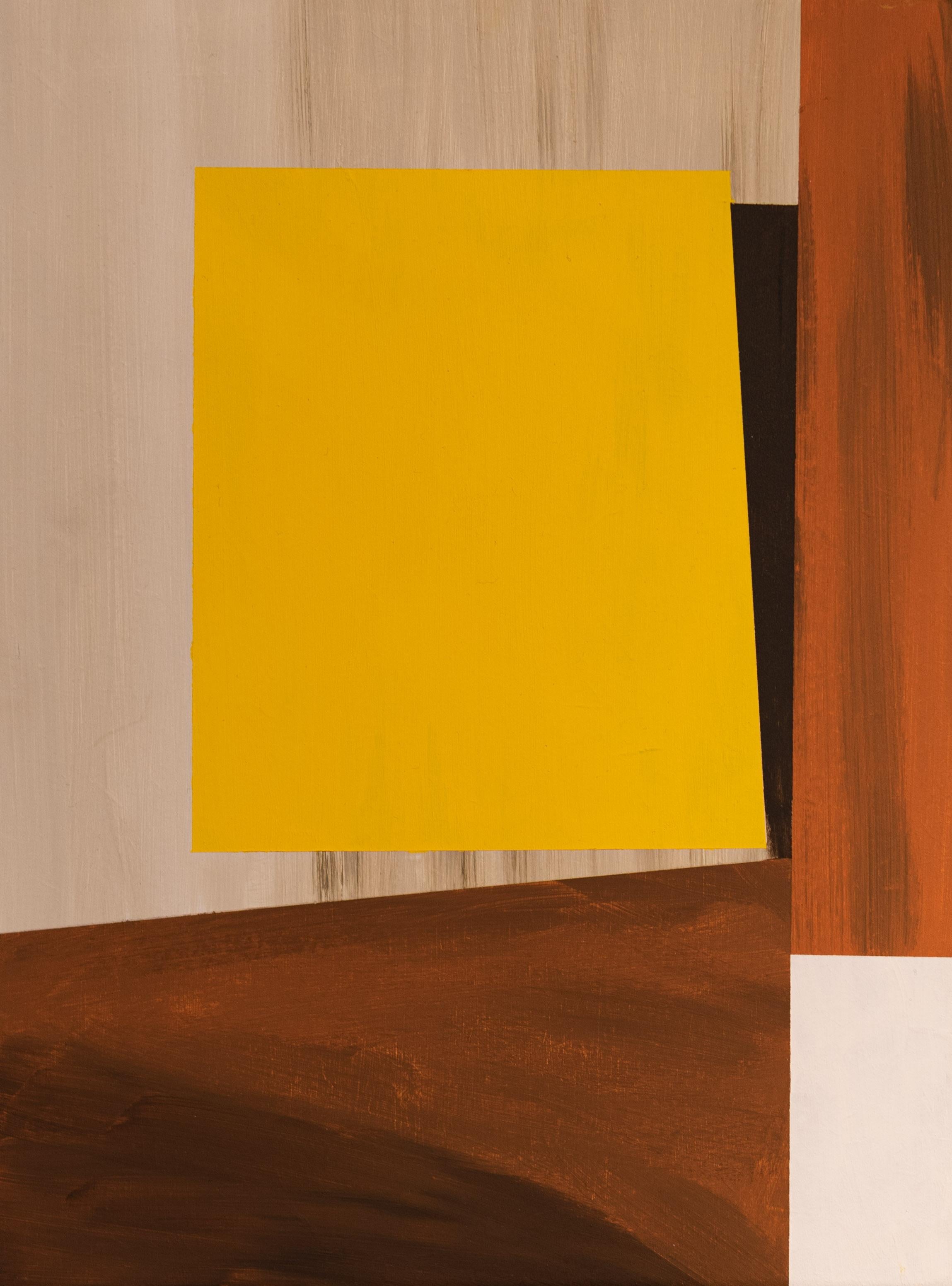 Peinture à l'huile sur Wood d'une composition géométrique abstraite en brun et jaune. - Géométrique abstrait Painting par Hans Vandeweghe