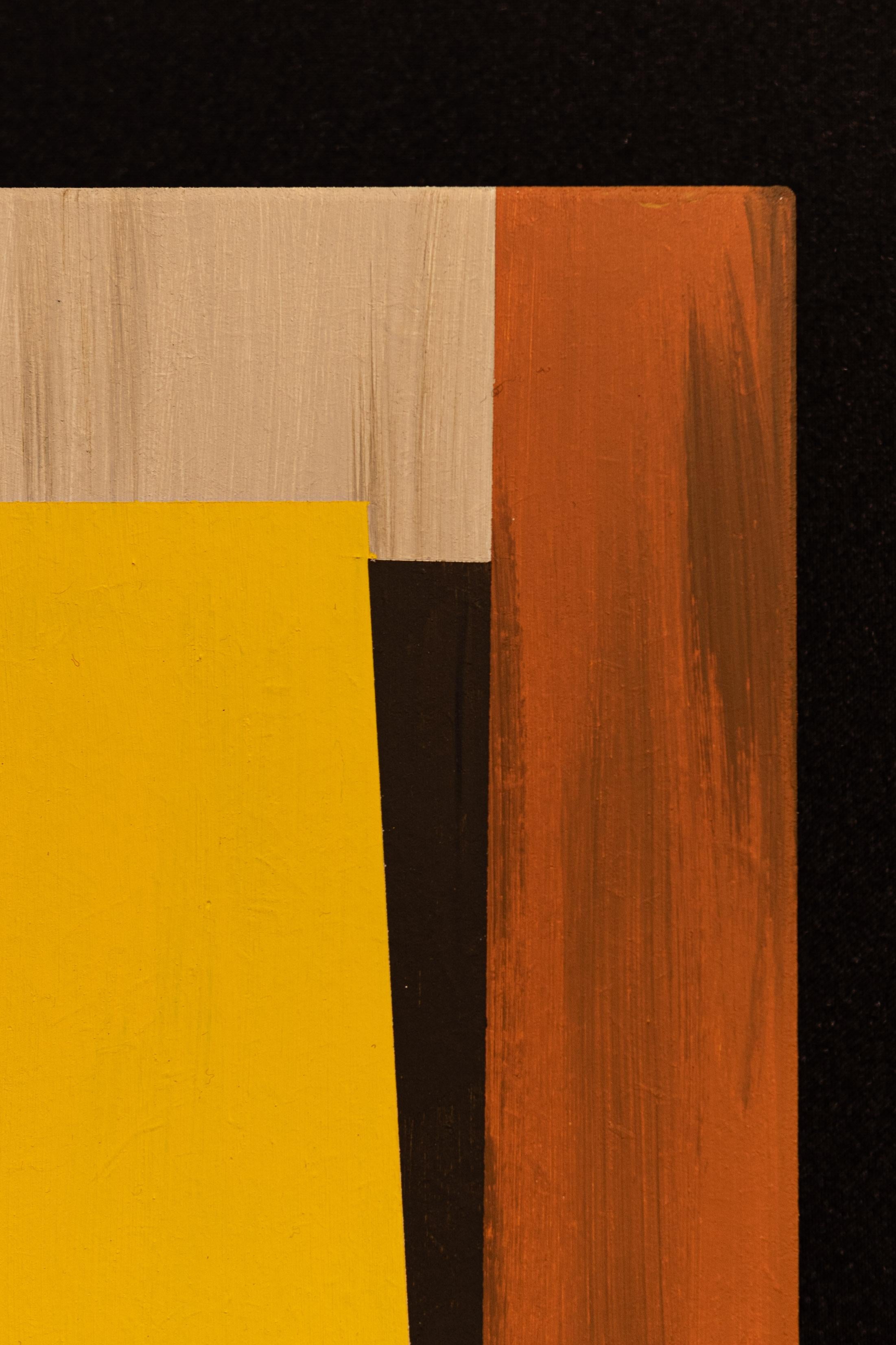 Peinture à l'huile sur Wood d'une composition géométrique abstraite en brun et jaune. - Orange Abstract Painting par Hans Vandeweghe