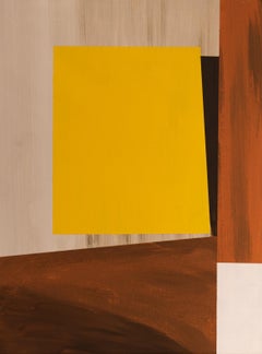 Peinture à l'huile sur Wood d'une composition géométrique abstraite en brun et jaune.