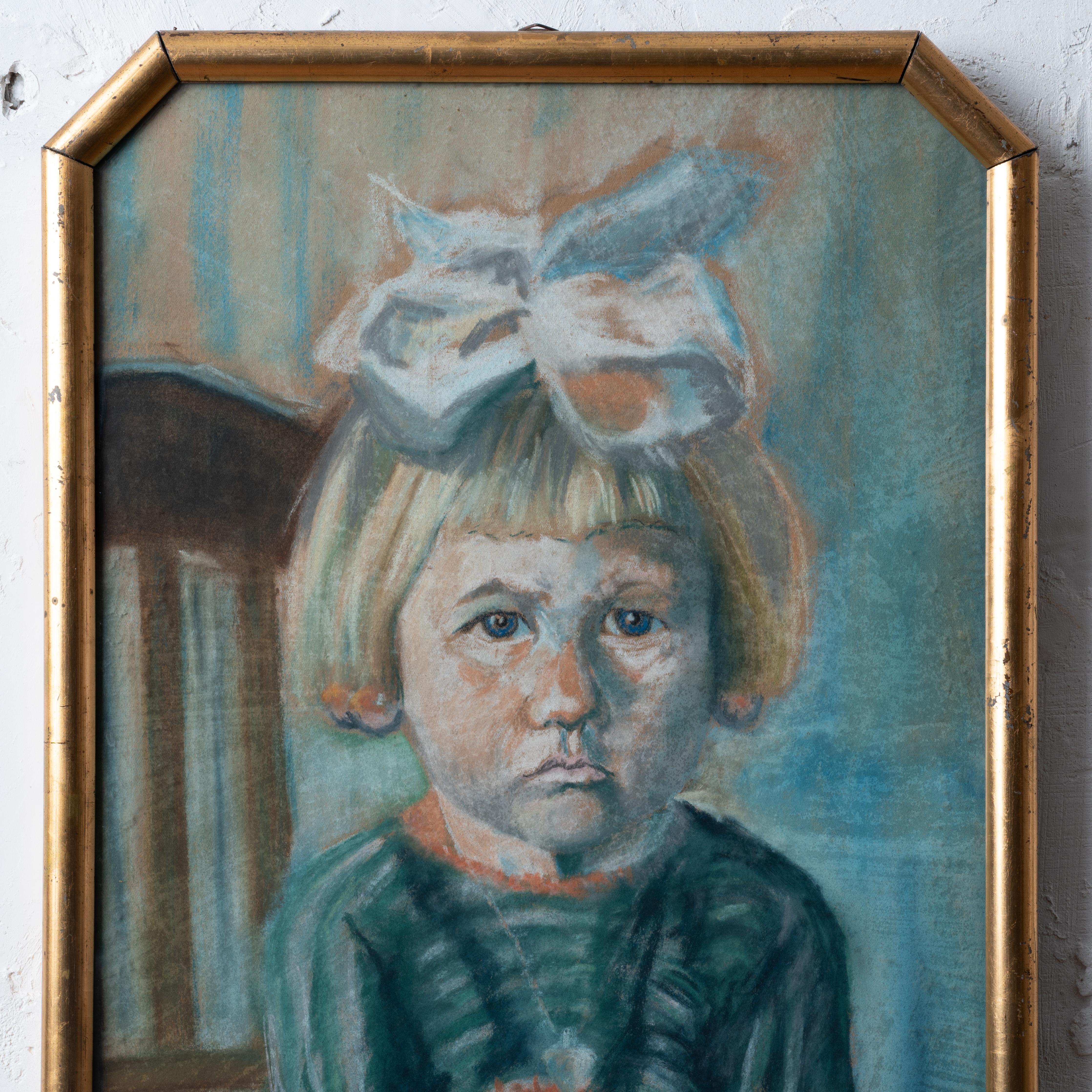 Early 20th Century Hans Veenstra Pouty Girl Pastel Portrait, 1922 For Sale
