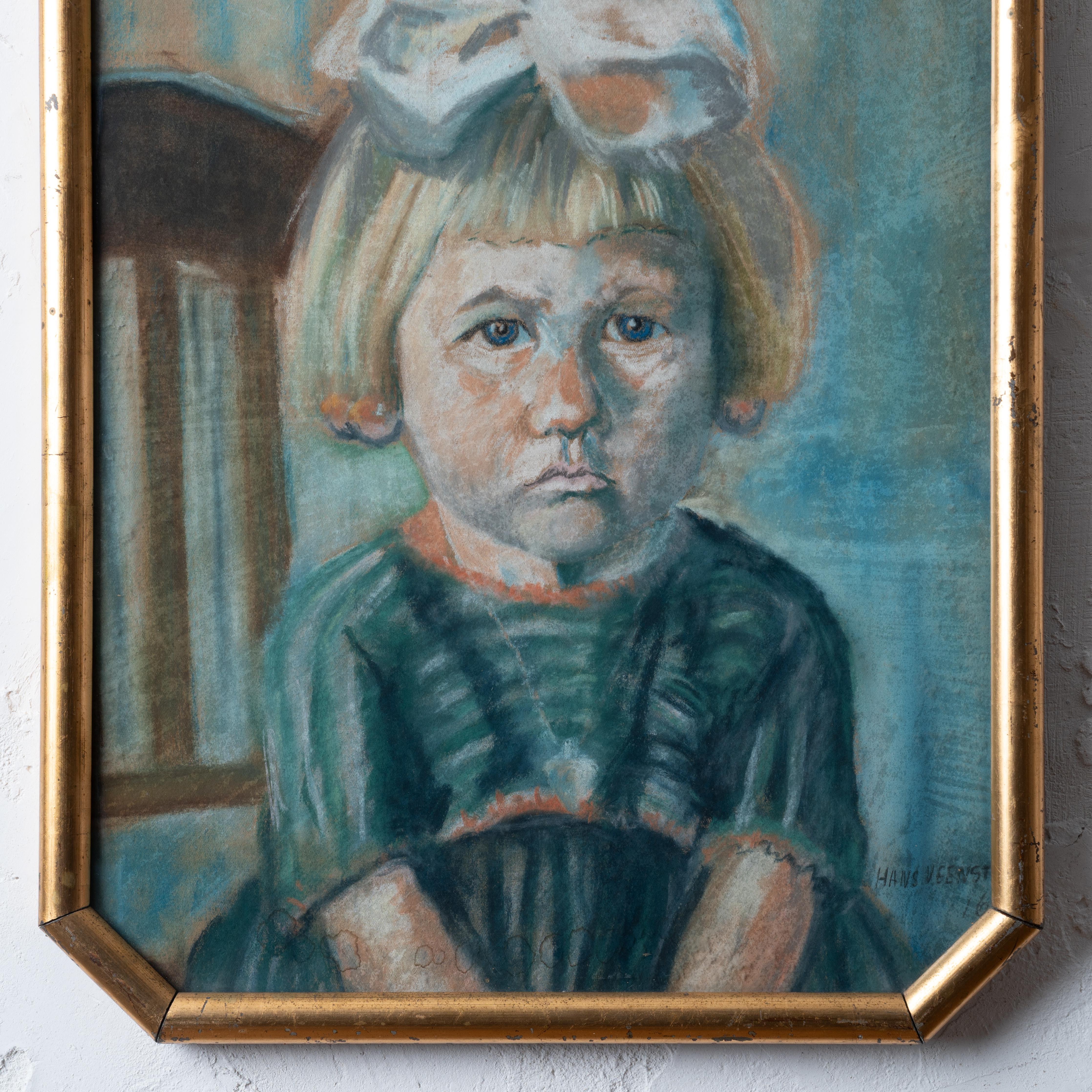 Glass Hans Veenstra Pouty Girl Pastel Portrait, 1922 For Sale