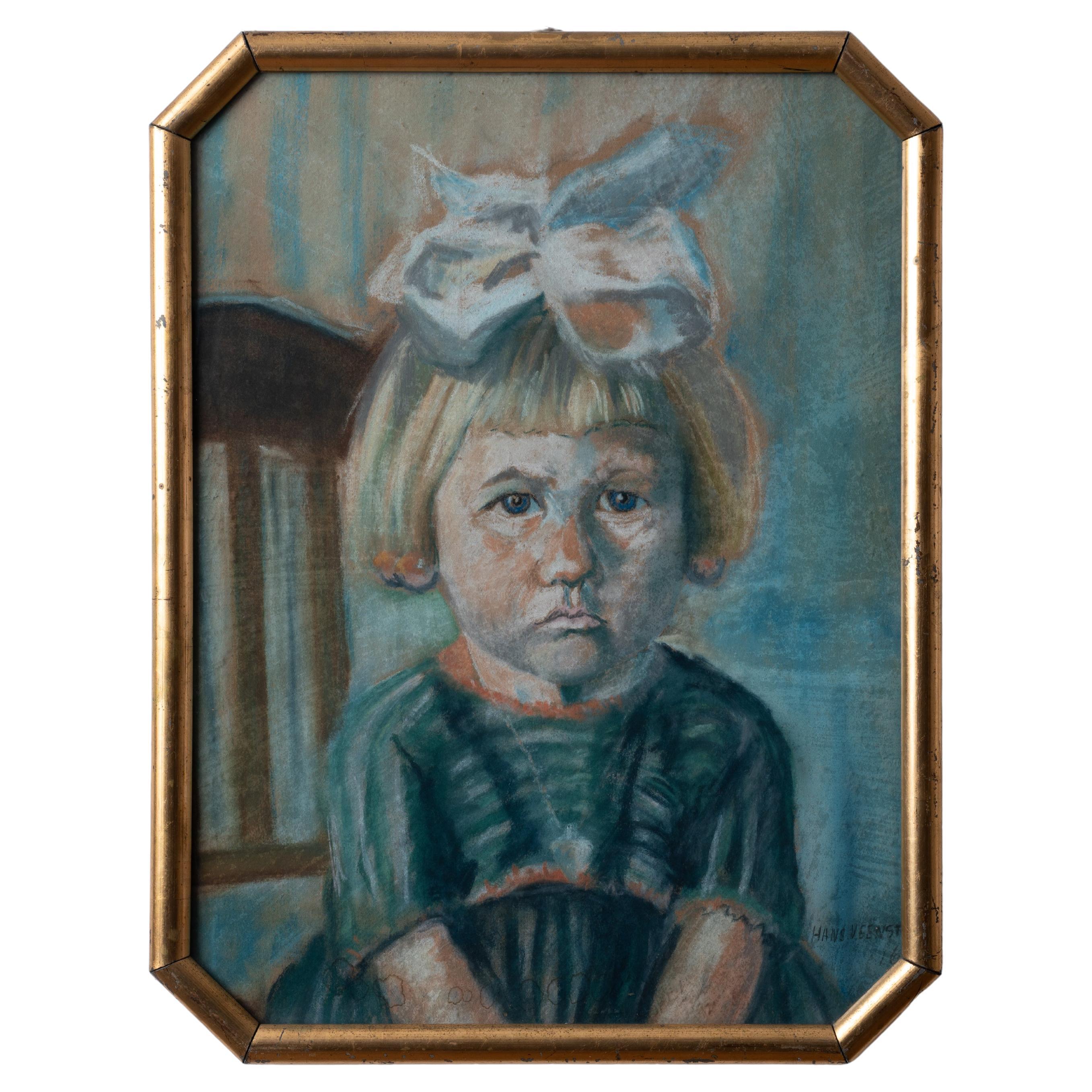 Hans Veenstra Pouty Girl Pastel Portrait, 1922 For Sale
