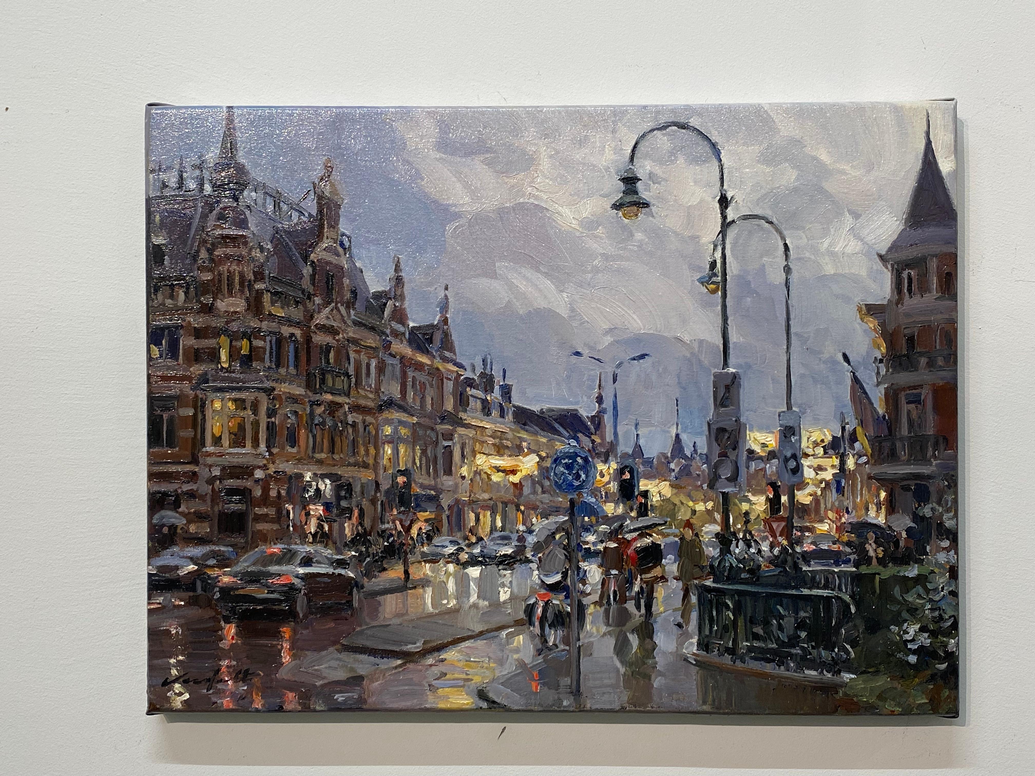Dutch City in the Rain - 21st Century City oilpainting, Hans Versfelt 1