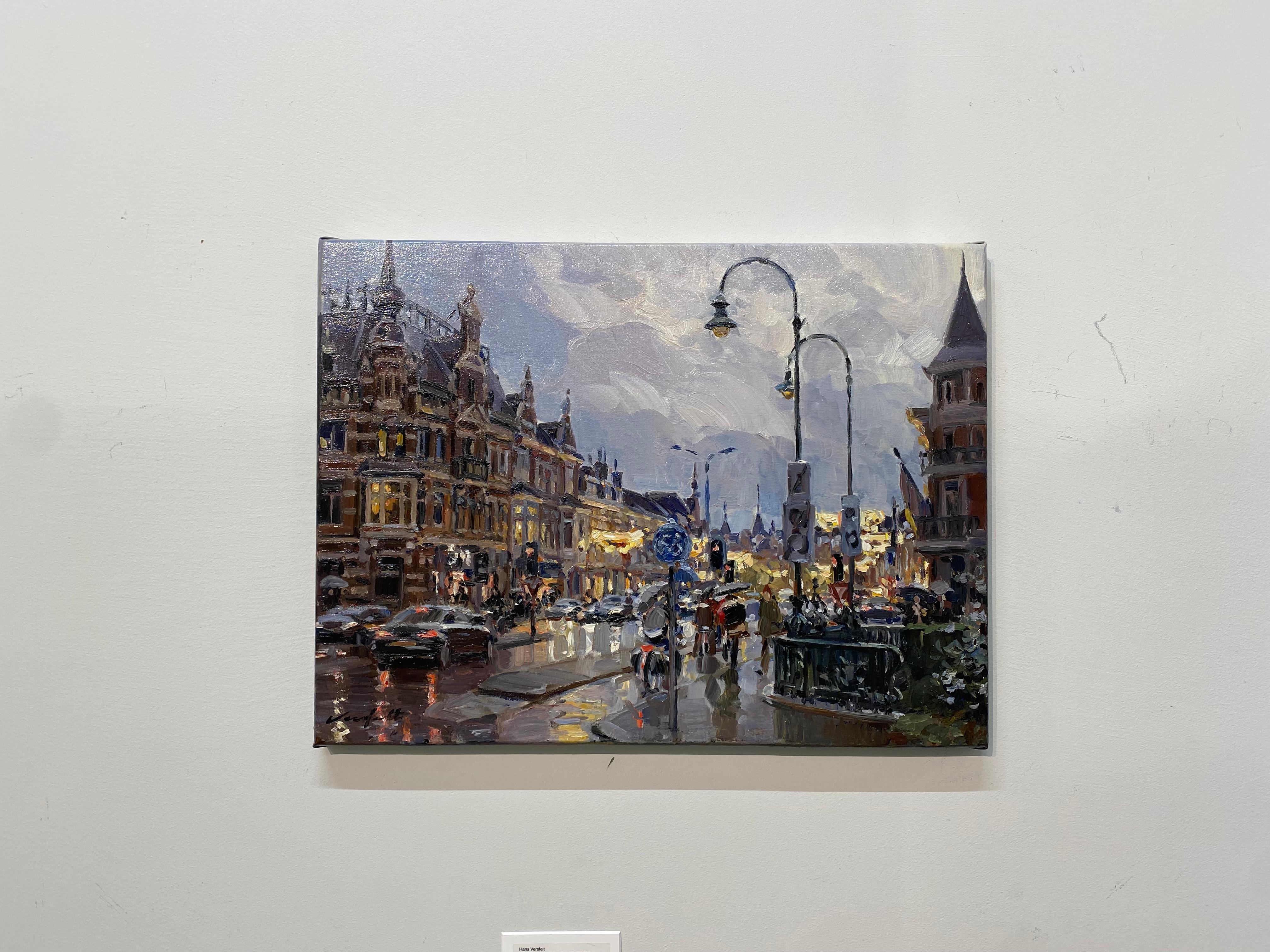 Dutch City in the Rain - 21st Century City oilpainting, Hans Versfelt 2