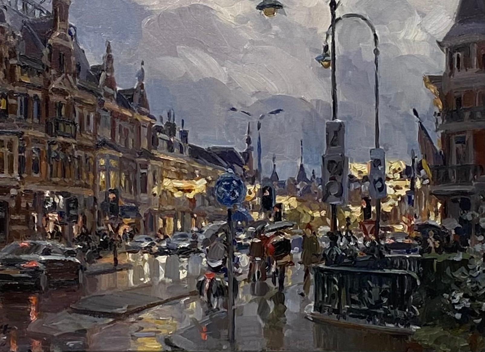 Dutch City in the Rain - 21st Century City oilpainting, Hans Versfelt 4
