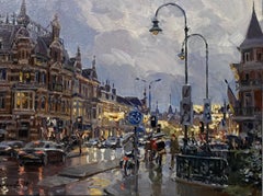 Dutch City in the Rain - 21st Century City oilpainting, Hans Versfelt