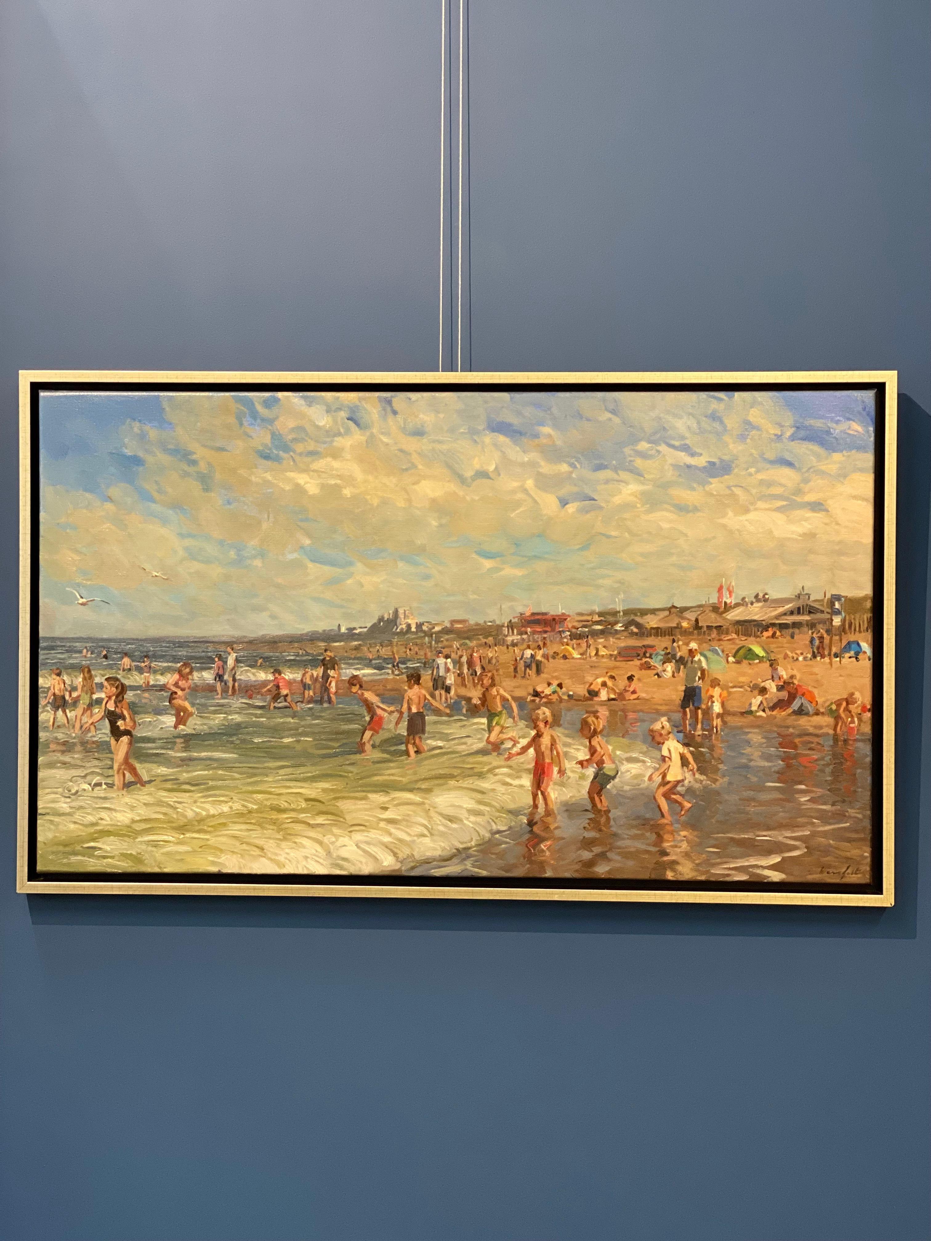 Playing Children on the Beach - 21st Century Dutch Beach painting  - Painting by Hans Versfelt