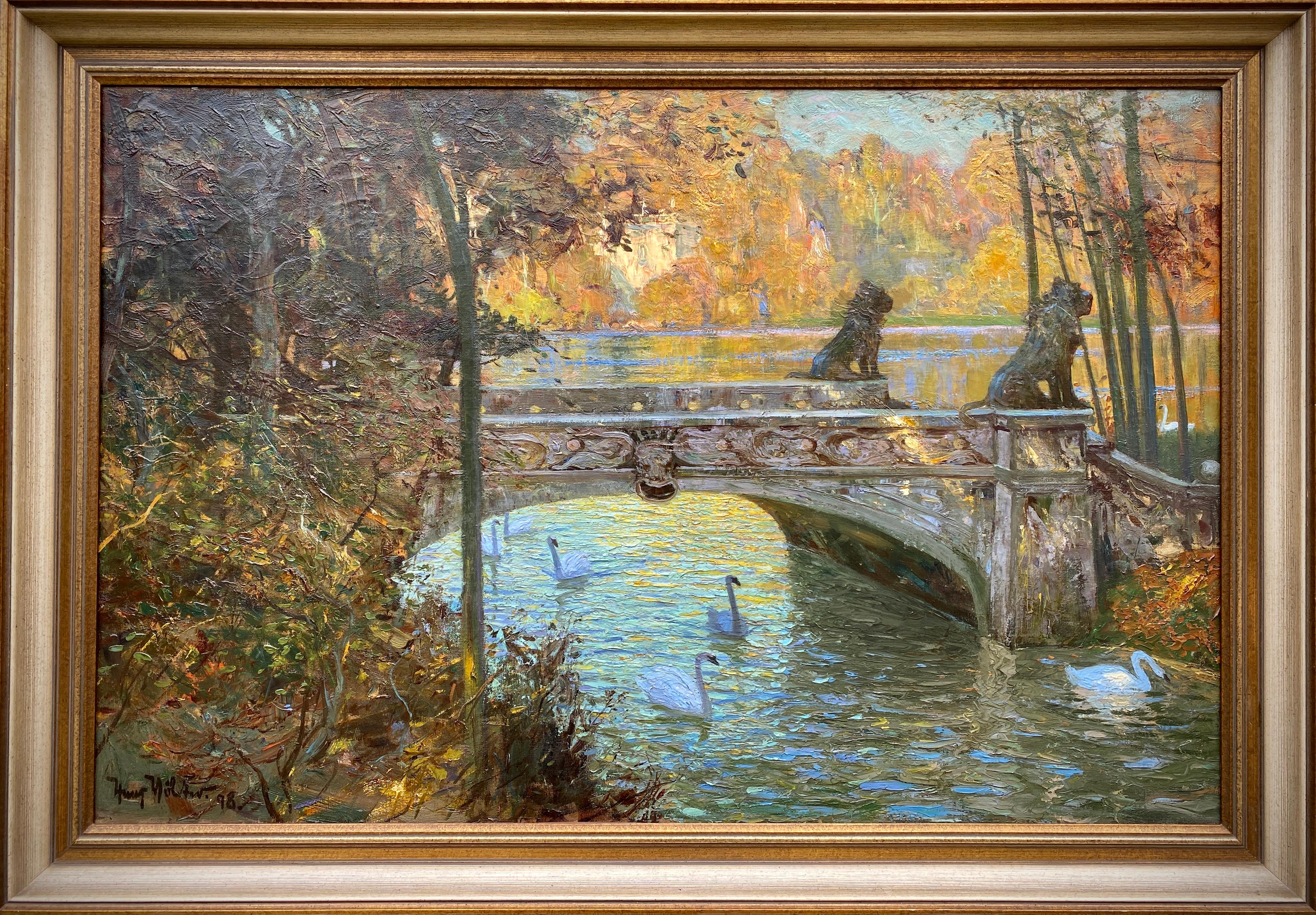 Swans in the Park

Volcker Hans
Pyrzyce, Poland 1865 – 1944 Wiesbaden, Germany
German Painter
Signature: Signed bottom left and dated 98

Medium: Oil on canvas
Dimensions: Image size 72 x 111,50 cm, frame size 84 x 120 cm

Biography: Volcker Hans