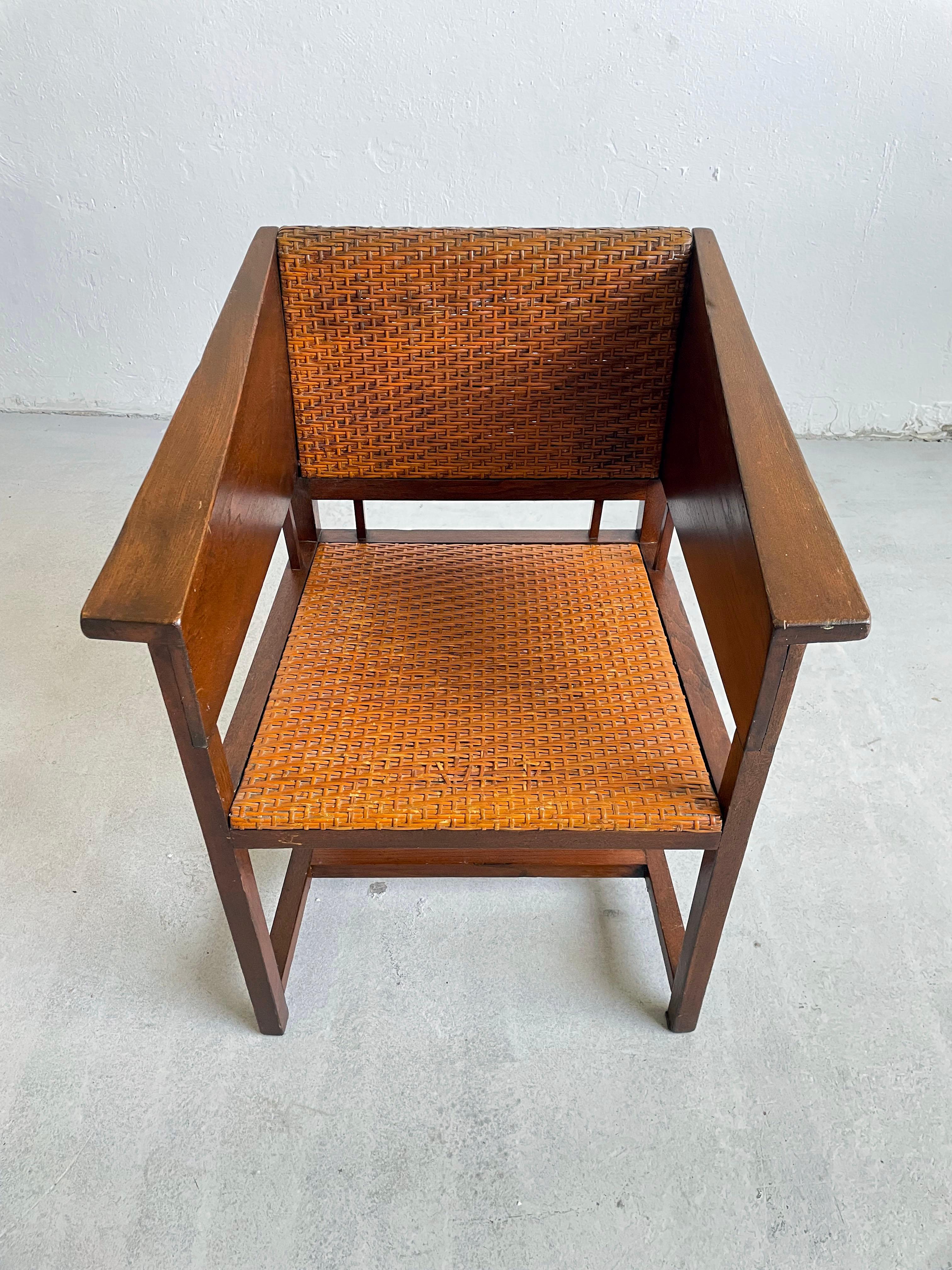 Austrian Hans Vollmer & Prag-Rudniker Wickerwork, Oak and Cane Chair Mod. 464, circa 1902 For Sale