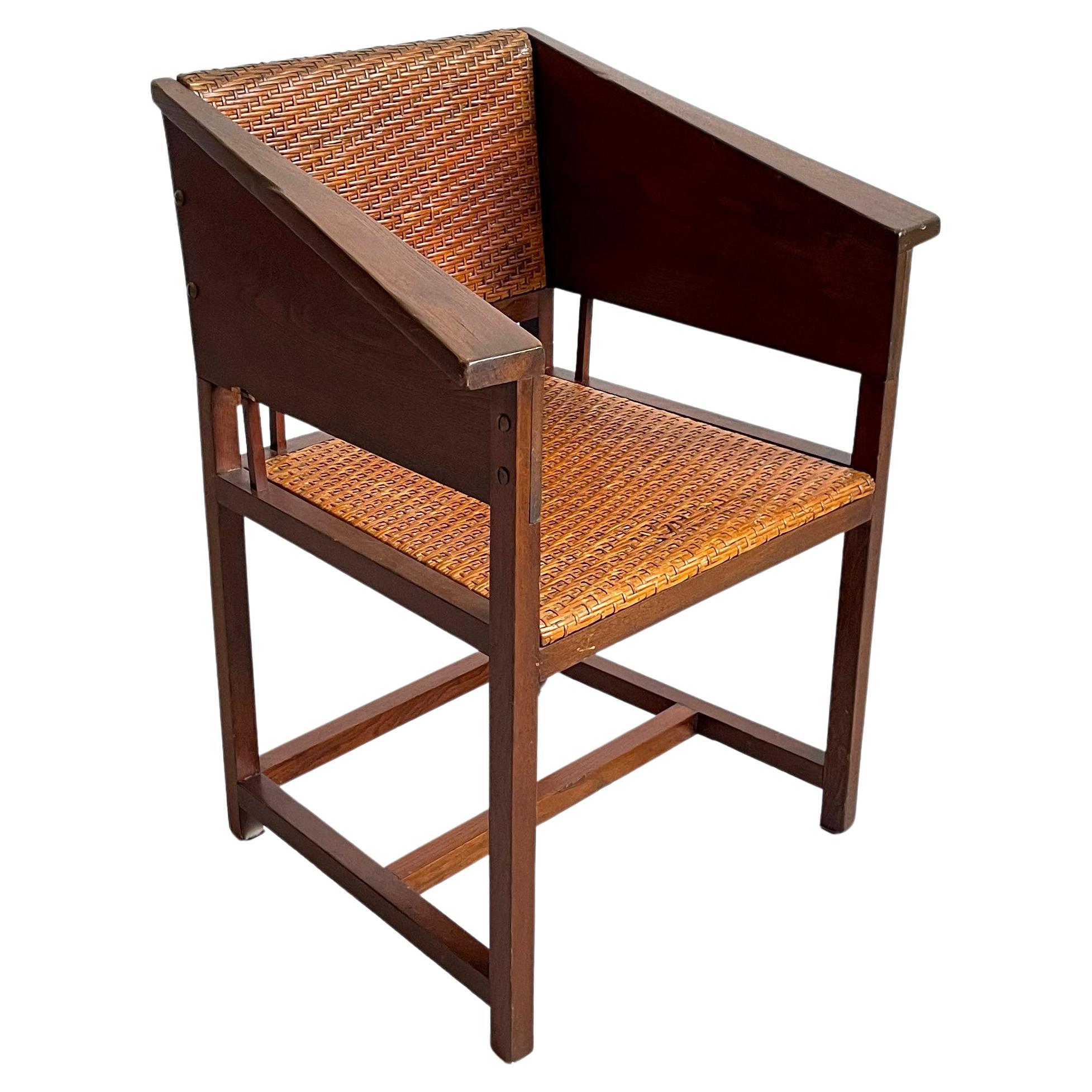 Hans Vollmer & Prag-Rudniker Wickerwork, Oak and Cane Chair Mod. 464, circa 1902 For Sale