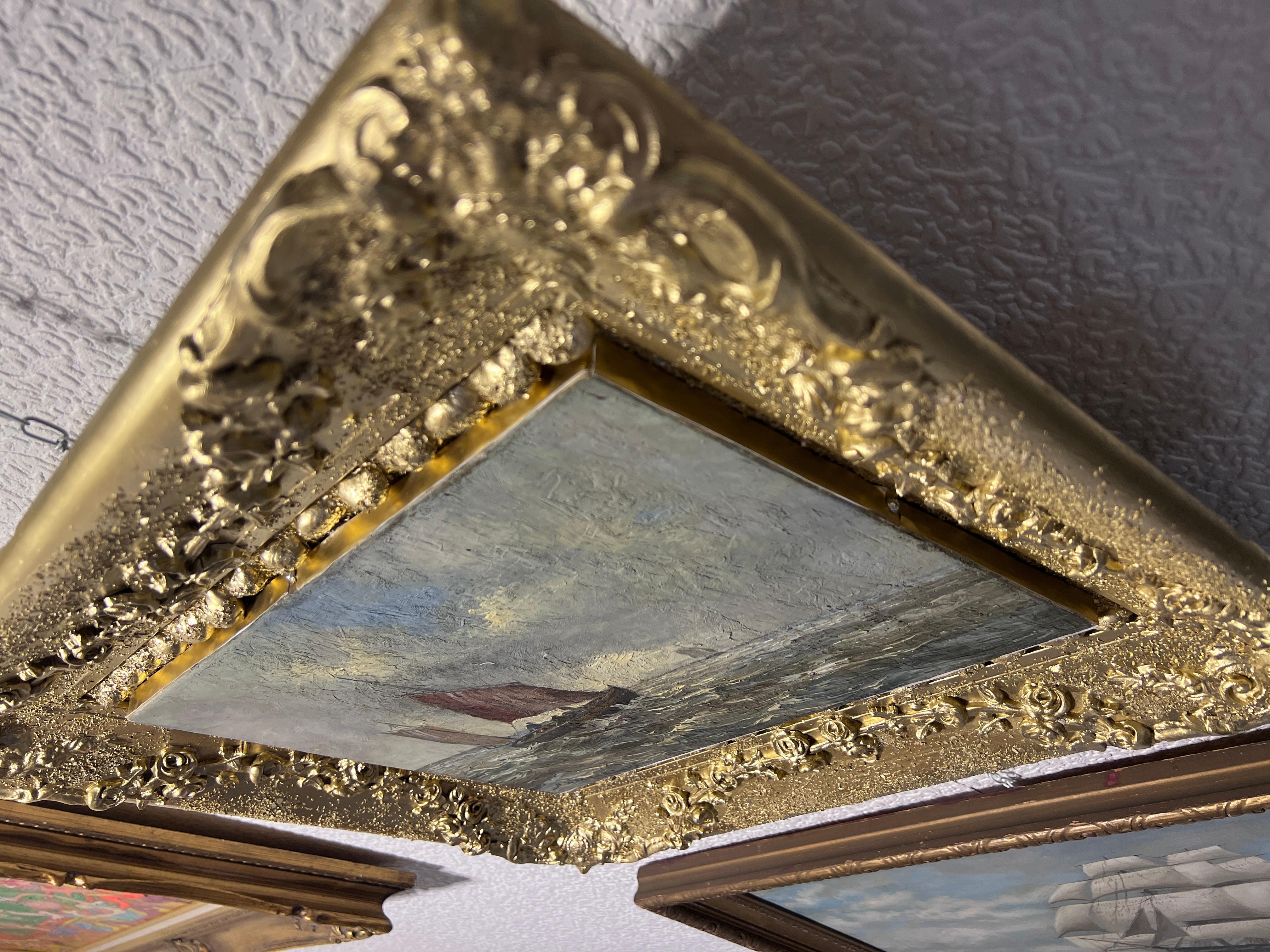 HANS WACKER-ELSEN Germany (1868-1958) Antique oil on canvas Seascape, Gold Frame For Sale 11