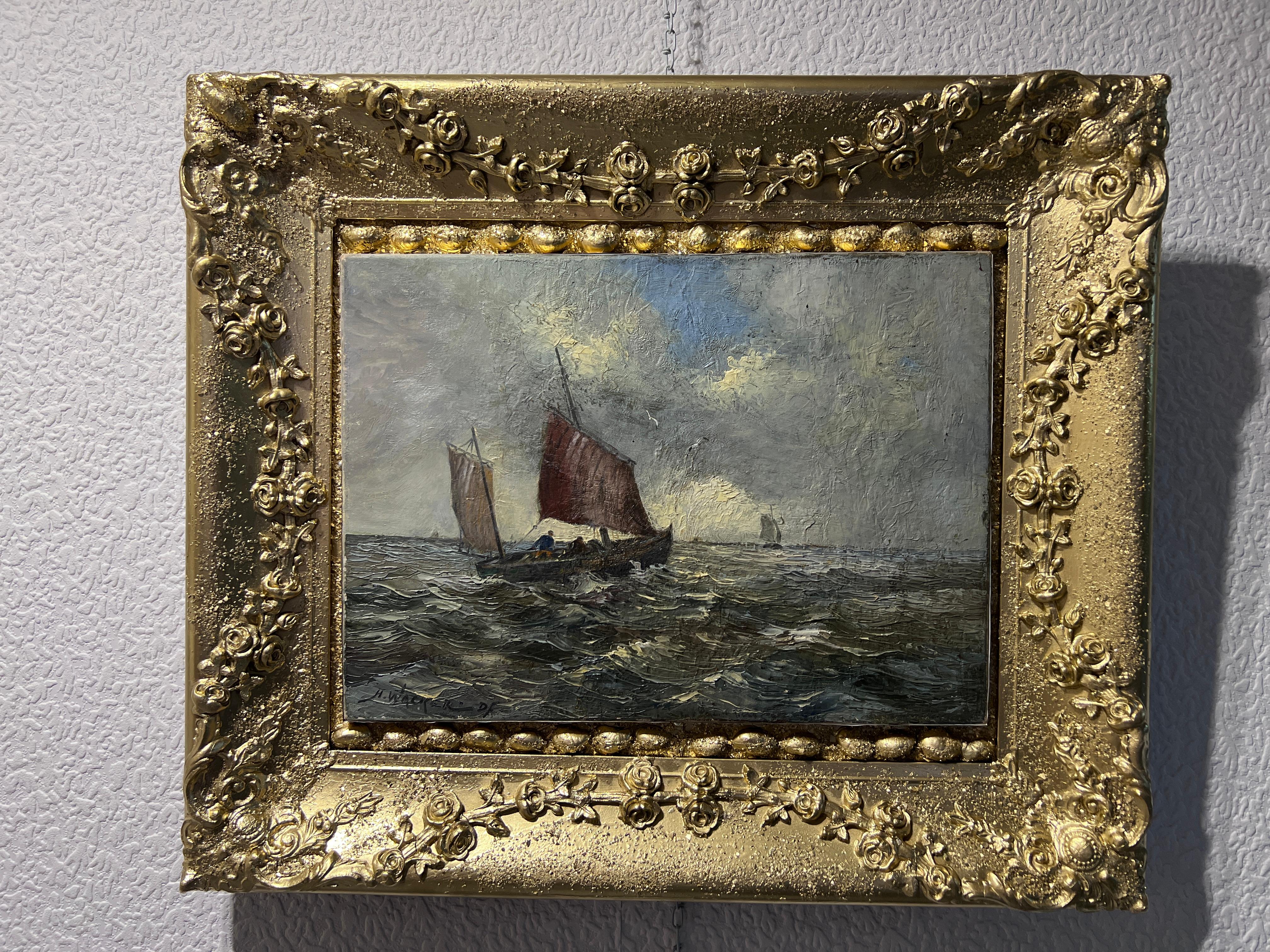 HANS WACKER-ELSEN Germania (1868-1958) Antico olio su tela Paesaggio marino, cornice dorata in vendita 4