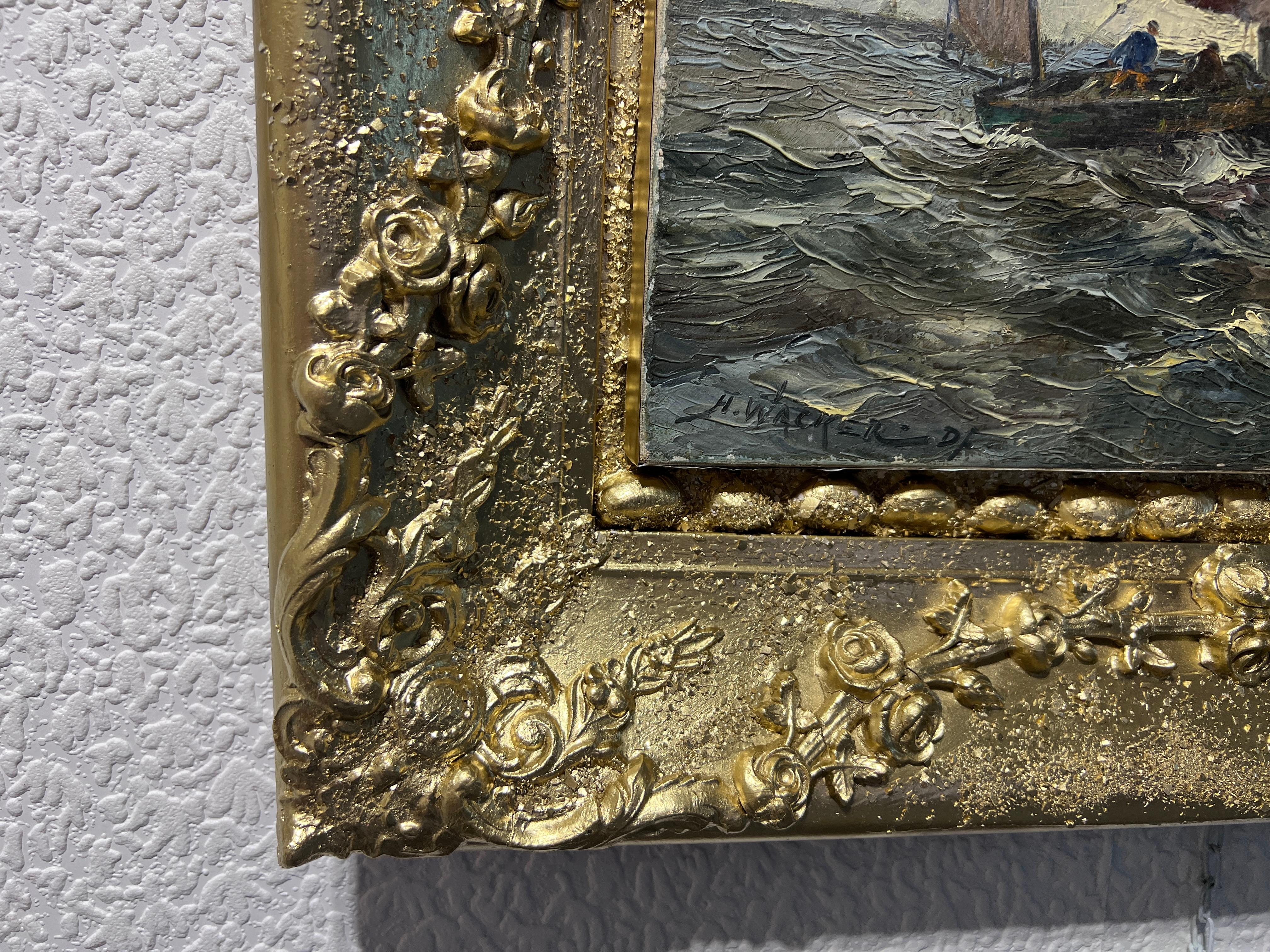 HANS WACKER-ELSEN Germania (1868-1958) Antico olio su tela Paesaggio marino, cornice dorata in vendita 6
