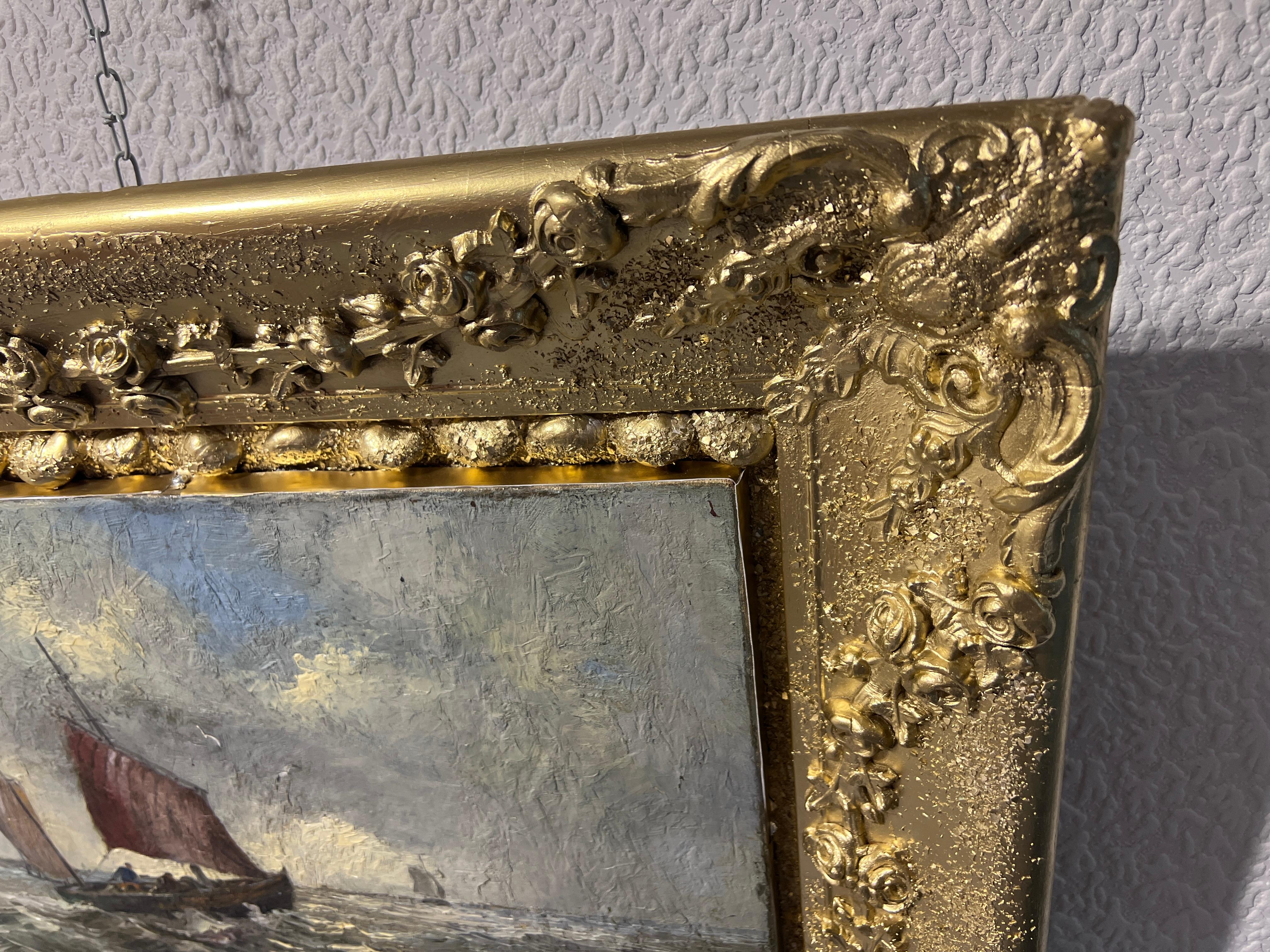 HANS WACKER-ELSEN Germany (1868-1958) Antique oil on canvas Seascape, Gold Frame For Sale 6