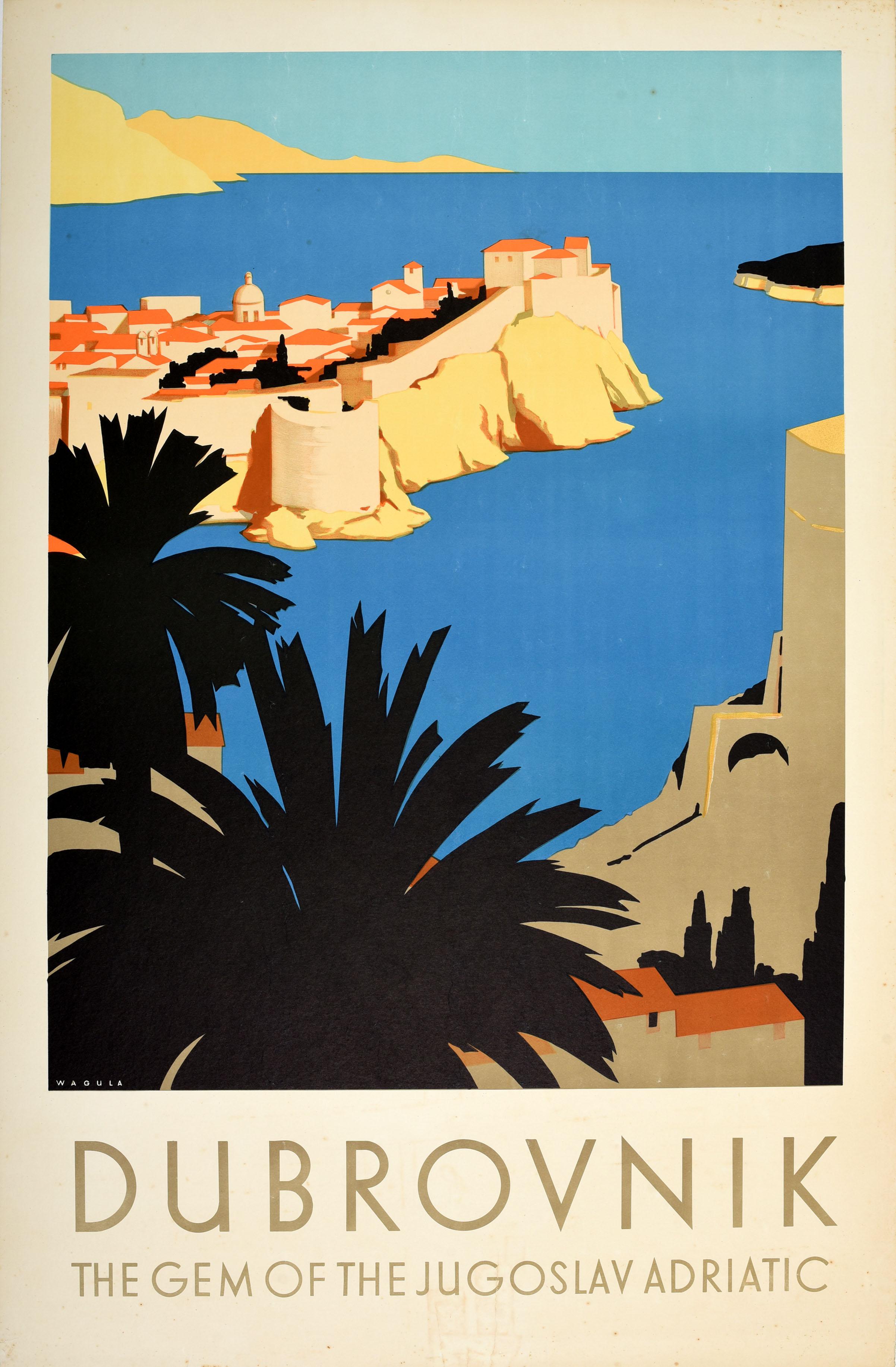 Hans Wagula Print – Original Vintage-Reiseplakat Dubrovnik Jugoslawien, Edelstein der Adriaküste, Original