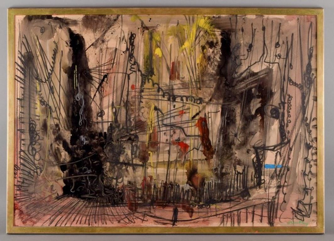 Hans Walter Sundberg (1922-2004), Swedish artist. 
Oil on panel. Mixed media. 
Abstract composition.
Approximately from the 1960s.
In perfect condition.
Signed in the lower right corner.
Dimensions: 98.5 cm x 68.5 cm.
Total dimensions: 103.5 cm x