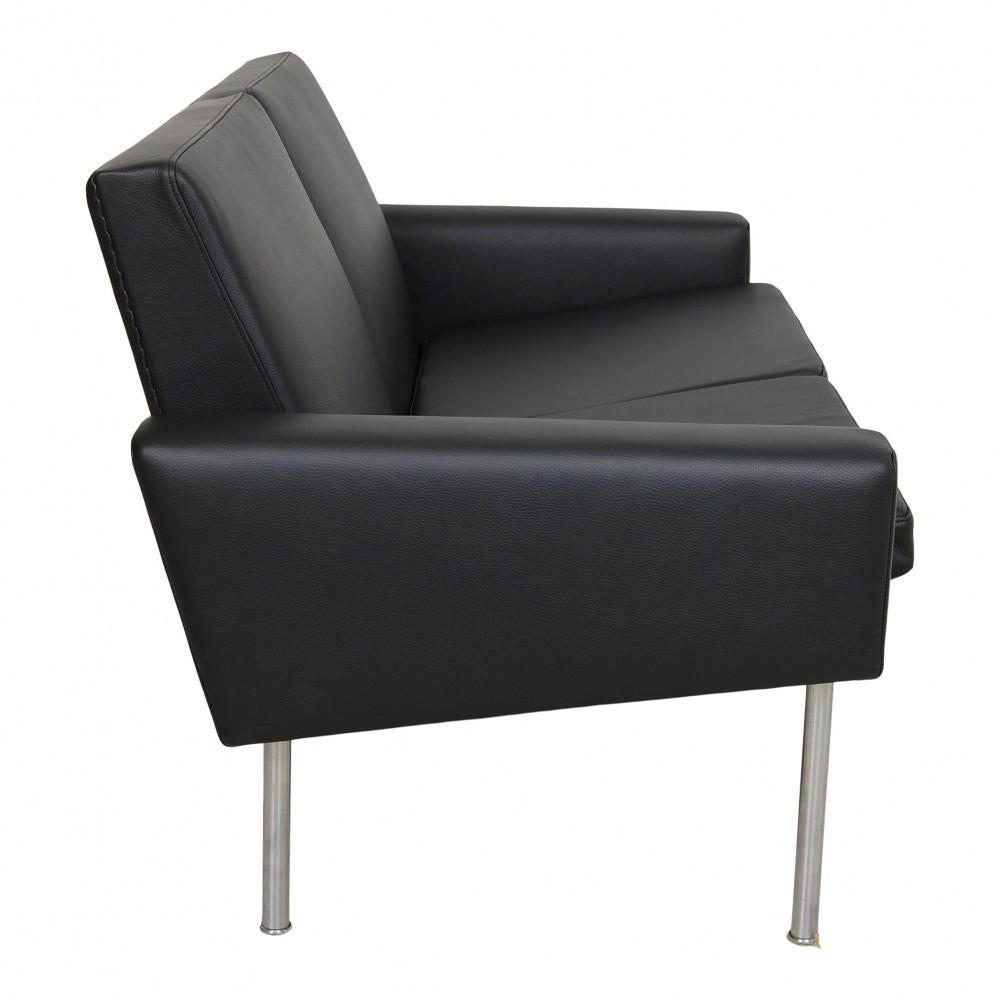 Danish Hans Wegner 2, Pers Airport Sofa Reupholstered with Black Bizon Leather For Sale