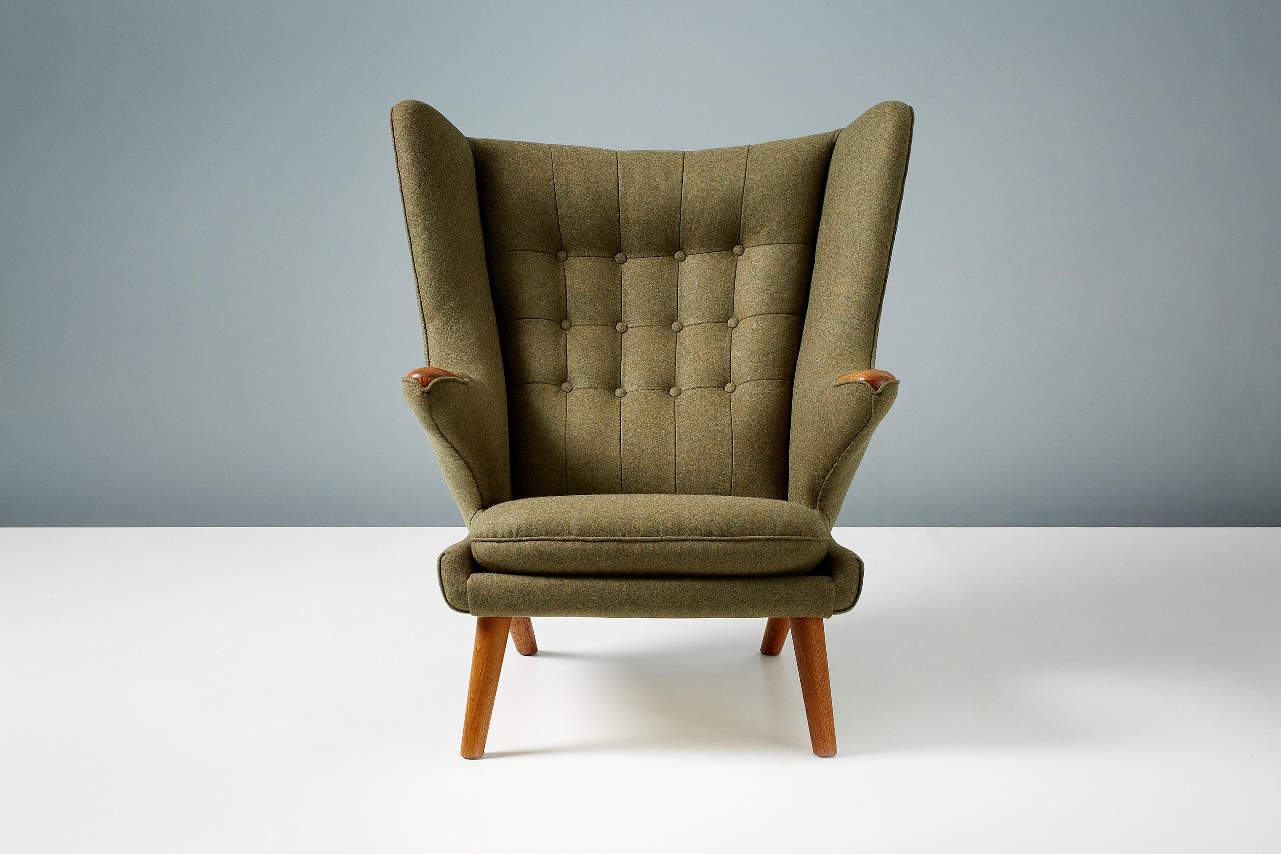 Hans Wegner AP-19 Papa Bear Chair in Green Wool Fabric For Sale at 1stDibs