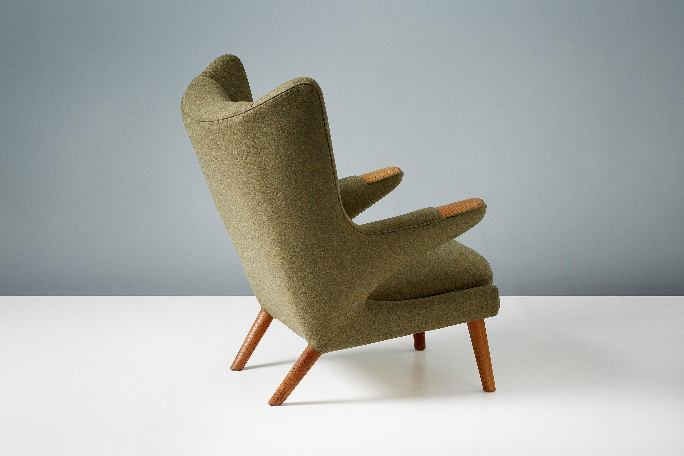 Danish Hans Wegner AP-19 Papa Bear Chair in Green Wool Fabric For Sale