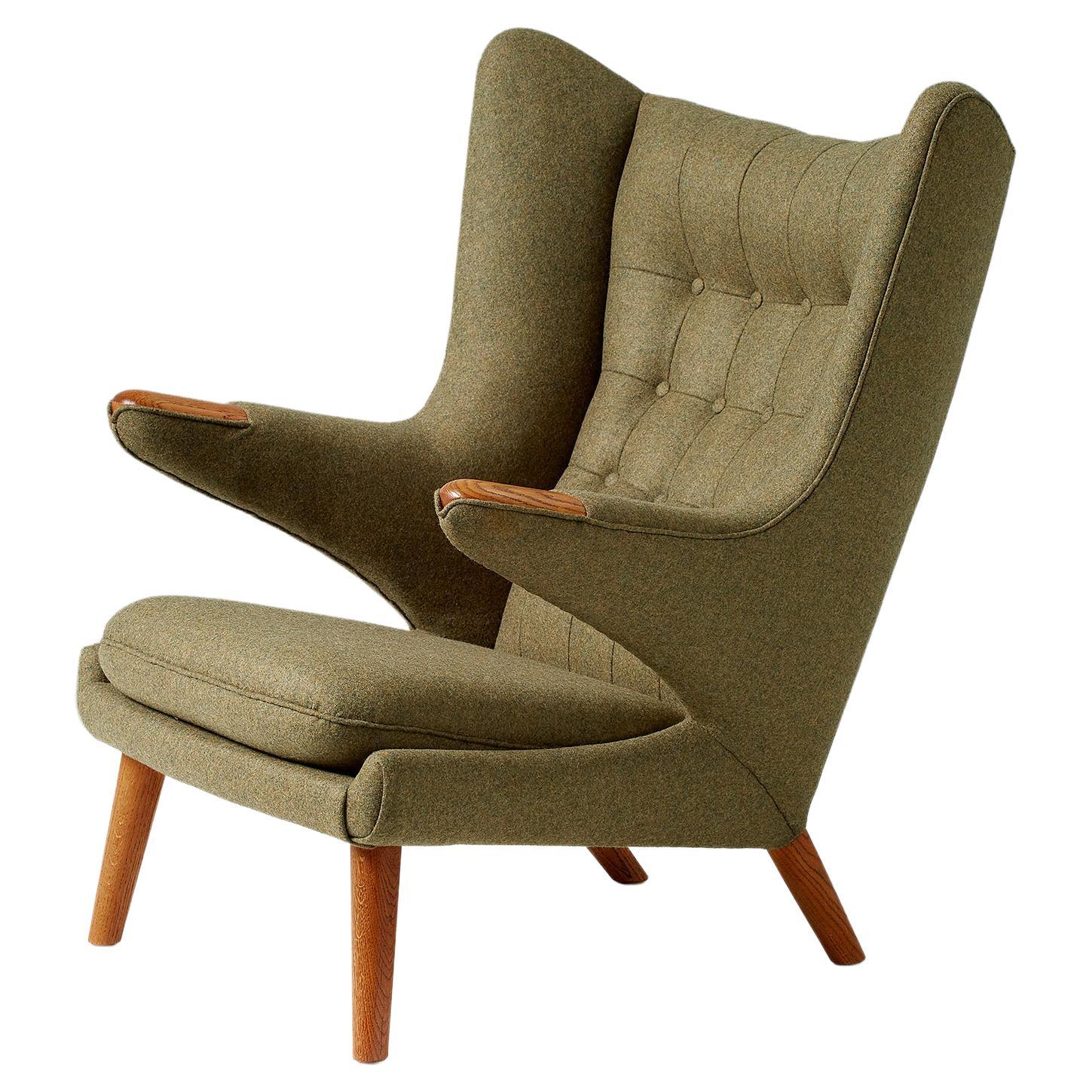Hans Wegner AP-19 Papa Bear Chair in Green Wool Fabric
