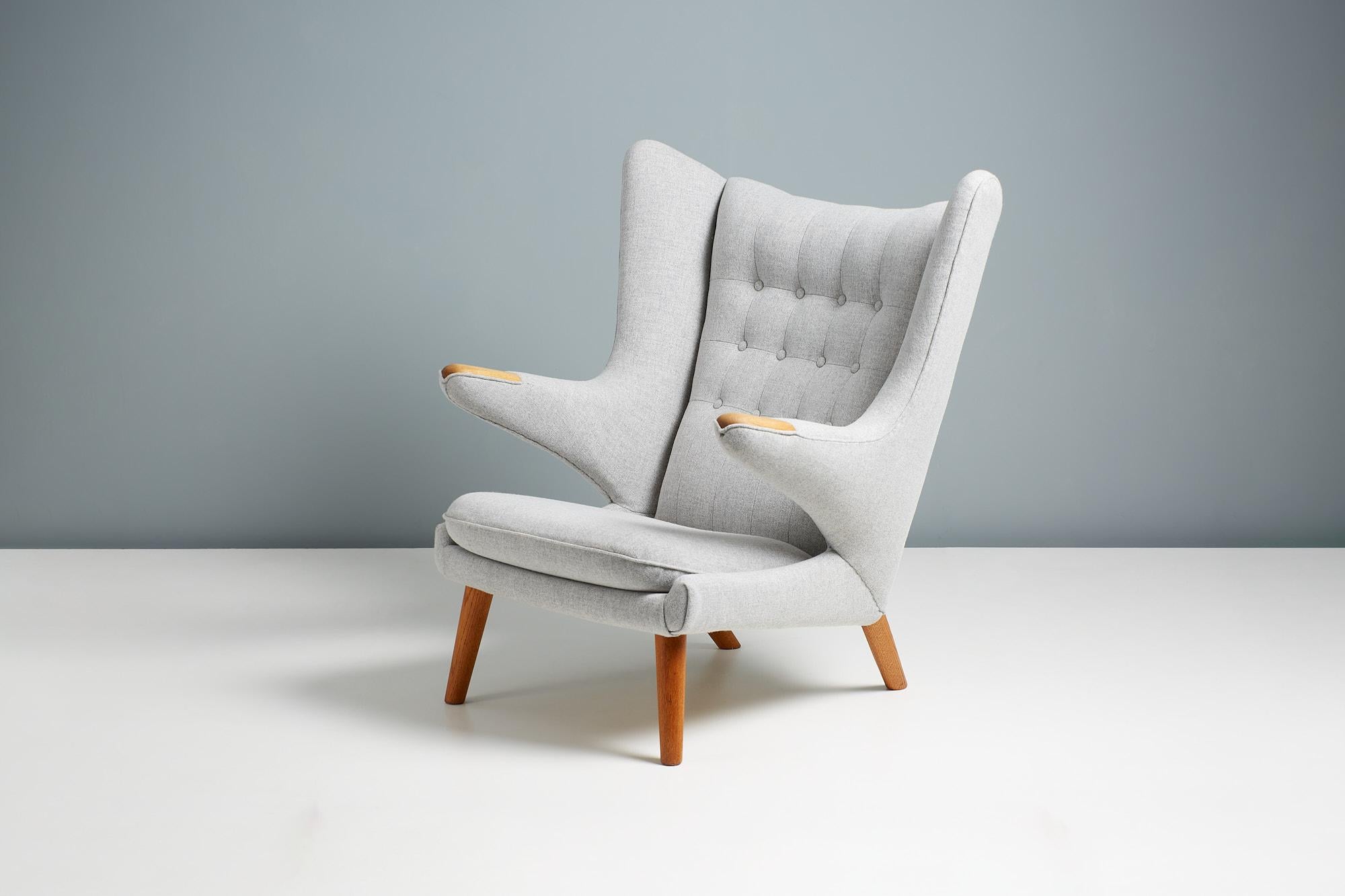 Scandinavian Modern Hans Wegner AP-19 Papa Bear Chair in Grey Wool Fabric For Sale