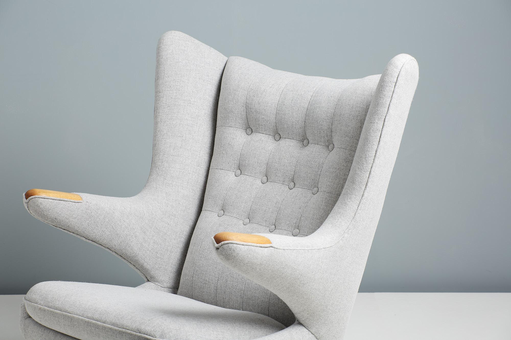 Danish Hans Wegner AP-19 Papa Bear Chair in Grey Wool Fabric For Sale