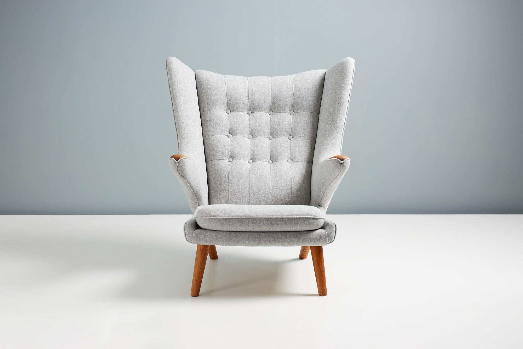 Danish Hans Wegner AP-19 Papa Bear Chair in Grey Wool Fabric For Sale