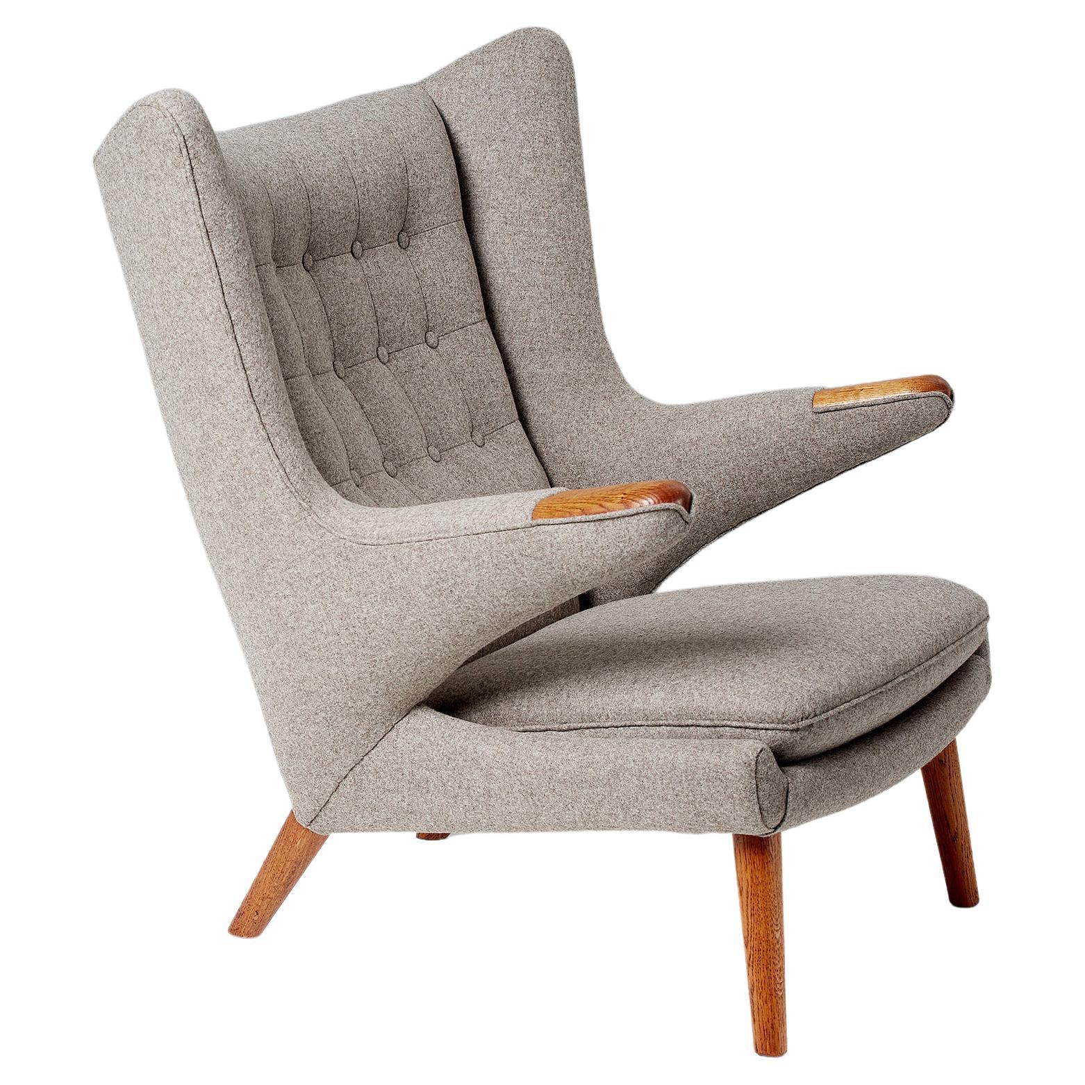Hans Wegner AP-19 Papa Bear Chair in Grey Wool Fabric