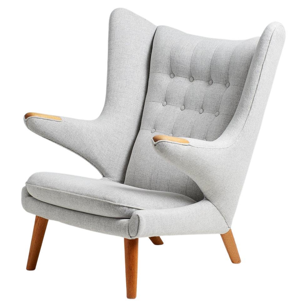 Hans Wegner AP-19 Papa Bear Chair in Grey Wool Fabric