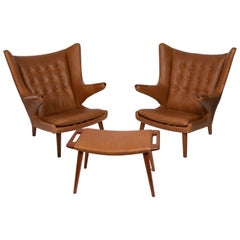 Hans Wegner A.P. Stolen Leather Papa Bear Chairs and Ottoman