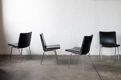 Hans Wegner Black Leather and Chrome Airport Chairs, Set of 6