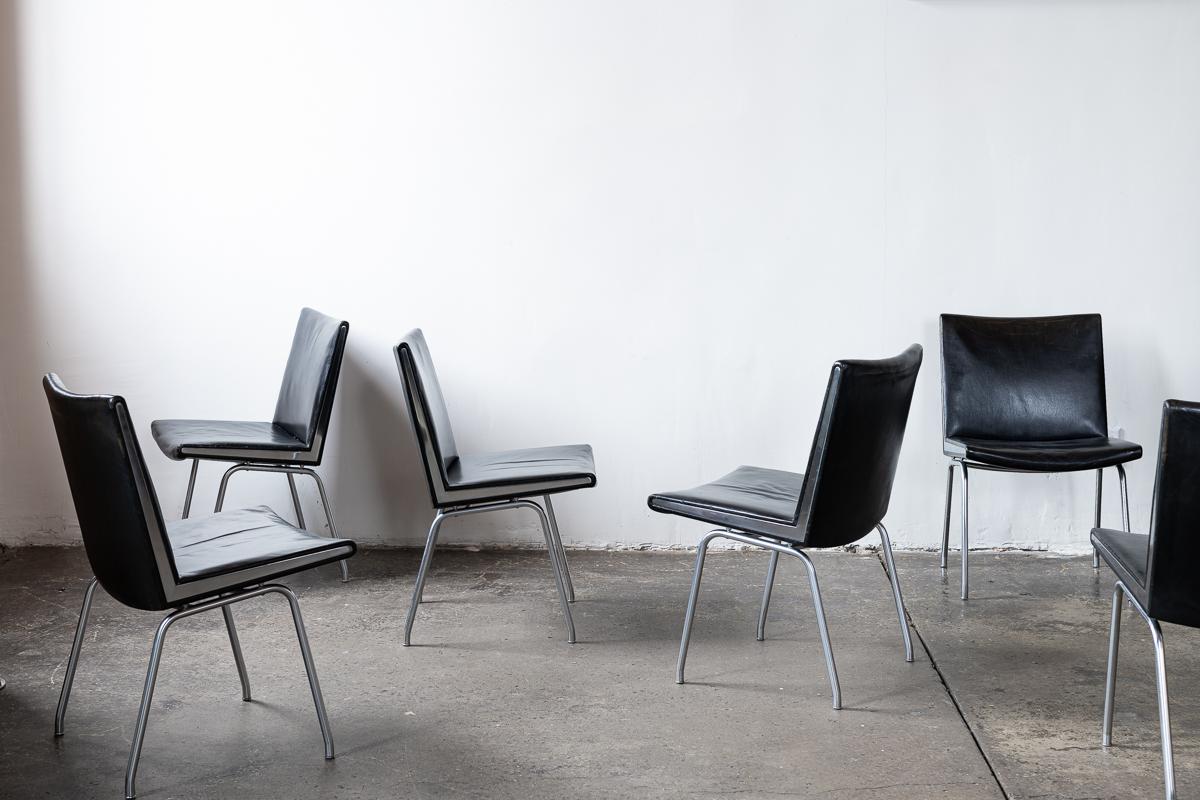 Danish Hans Wegner Black Leather and Chrome Airport Chairs, Set of 6 For Sale