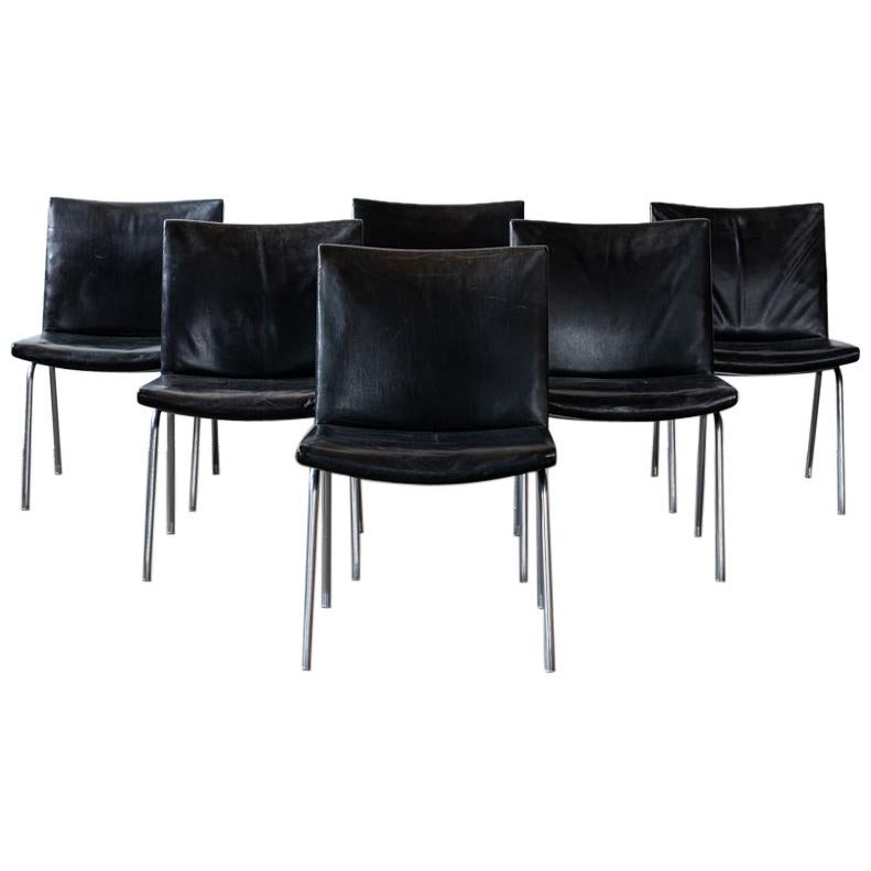 Hans Wegner Black Leather and Chrome Airport Chairs, Set of 6 For Sale