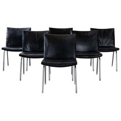 Retro Hans Wegner Black Leather and Chrome Airport Chairs, Set of 6