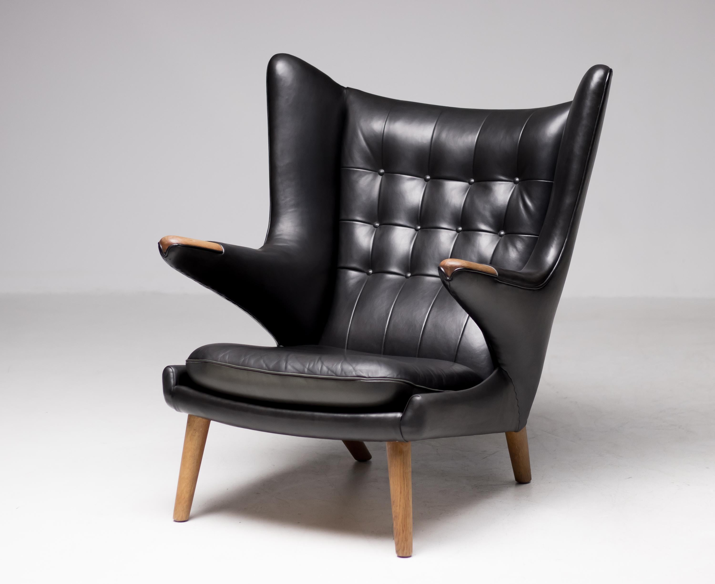 Hans Wegner Black Leather Pair of Papa Bear Chairs with Ottoman for A.P. Stolen 6