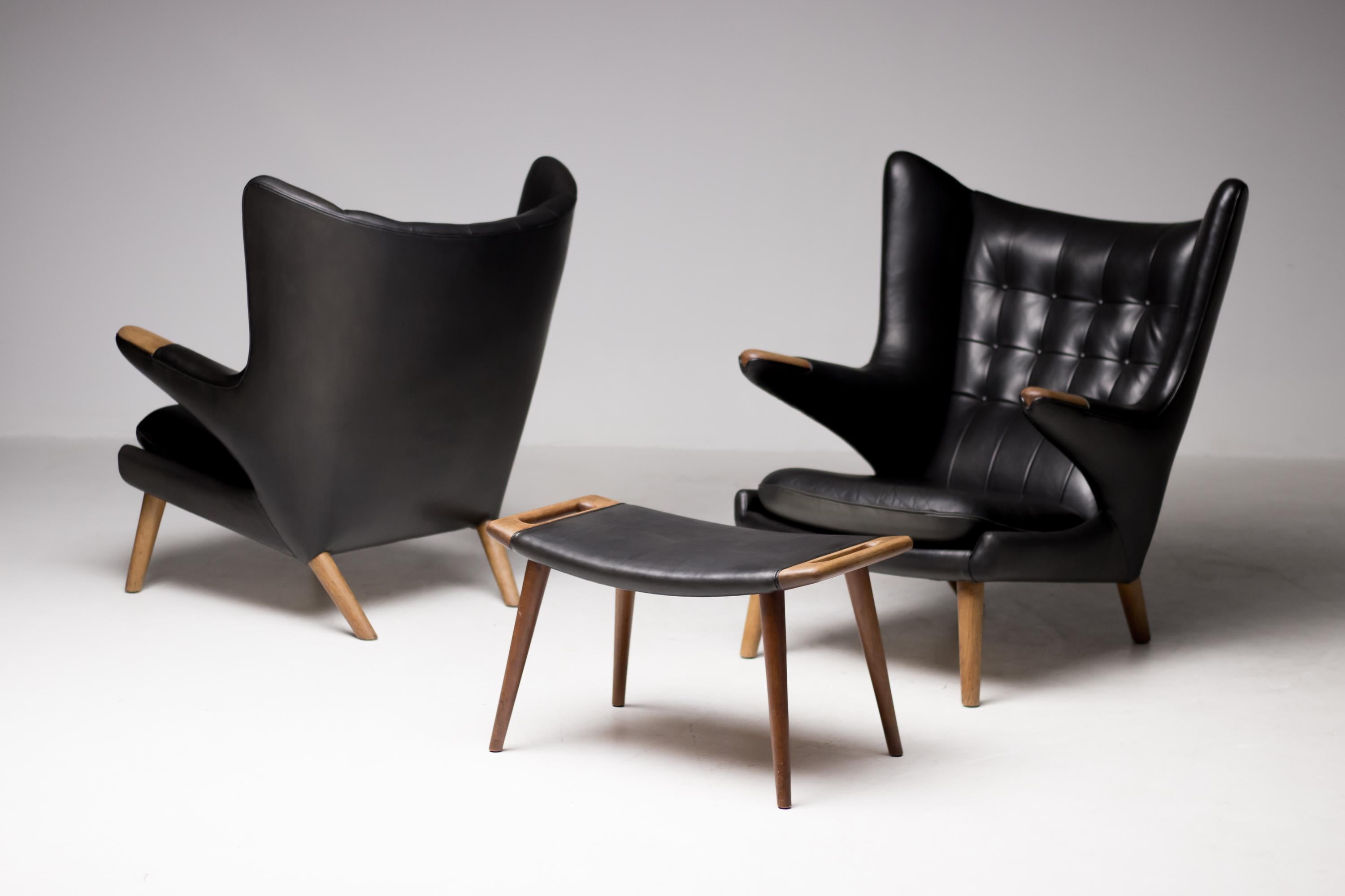 Mid-Century Modern Hans Wegner Black Leather Pair of Papa Bear Chairs with Ottoman for A.P. Stolen