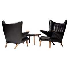 Hans Wegner Black Leather Pair of Papa Bear Chairs with Ottoman for A.P. Stolen