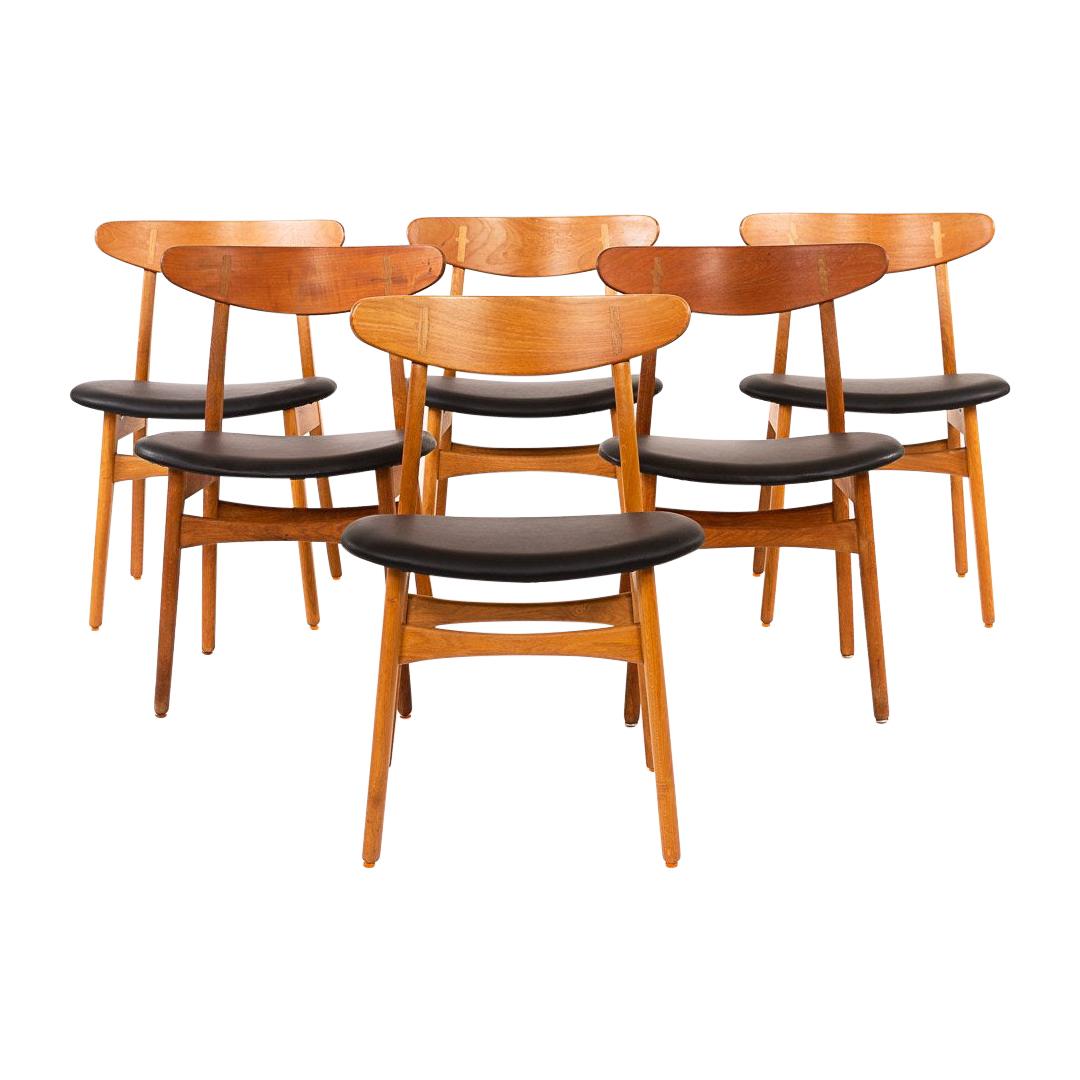 Hans Wegner CH 30 Chairs in Teak, Oak and Leather, Denmark 1950s, Set of 6