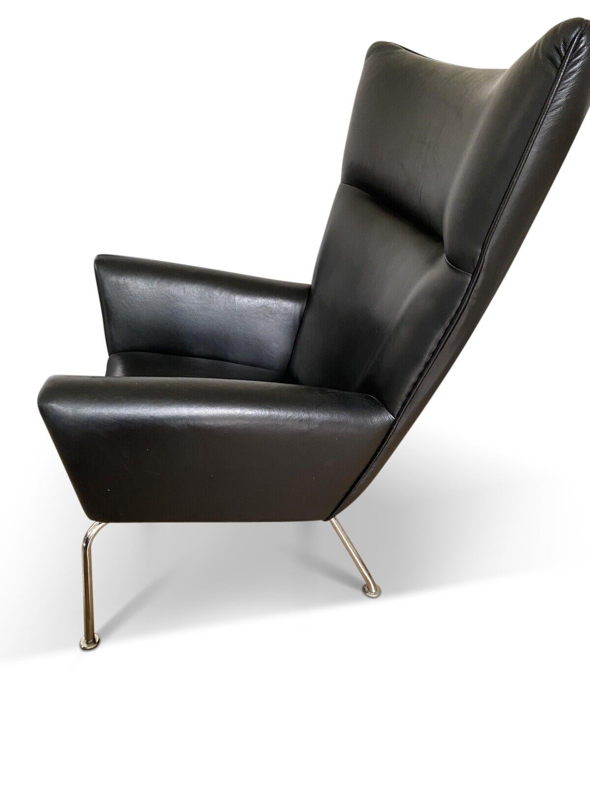 Mid-Century Modern Hans Wegner CH445 Design Style Black Leather Wing Armchair & Ottoman For Sale