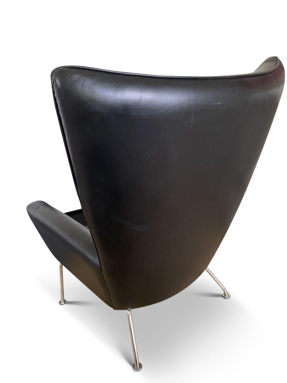 Italian Hans Wegner CH445 Design Style Black Leather Wing Armchair & Ottoman For Sale
