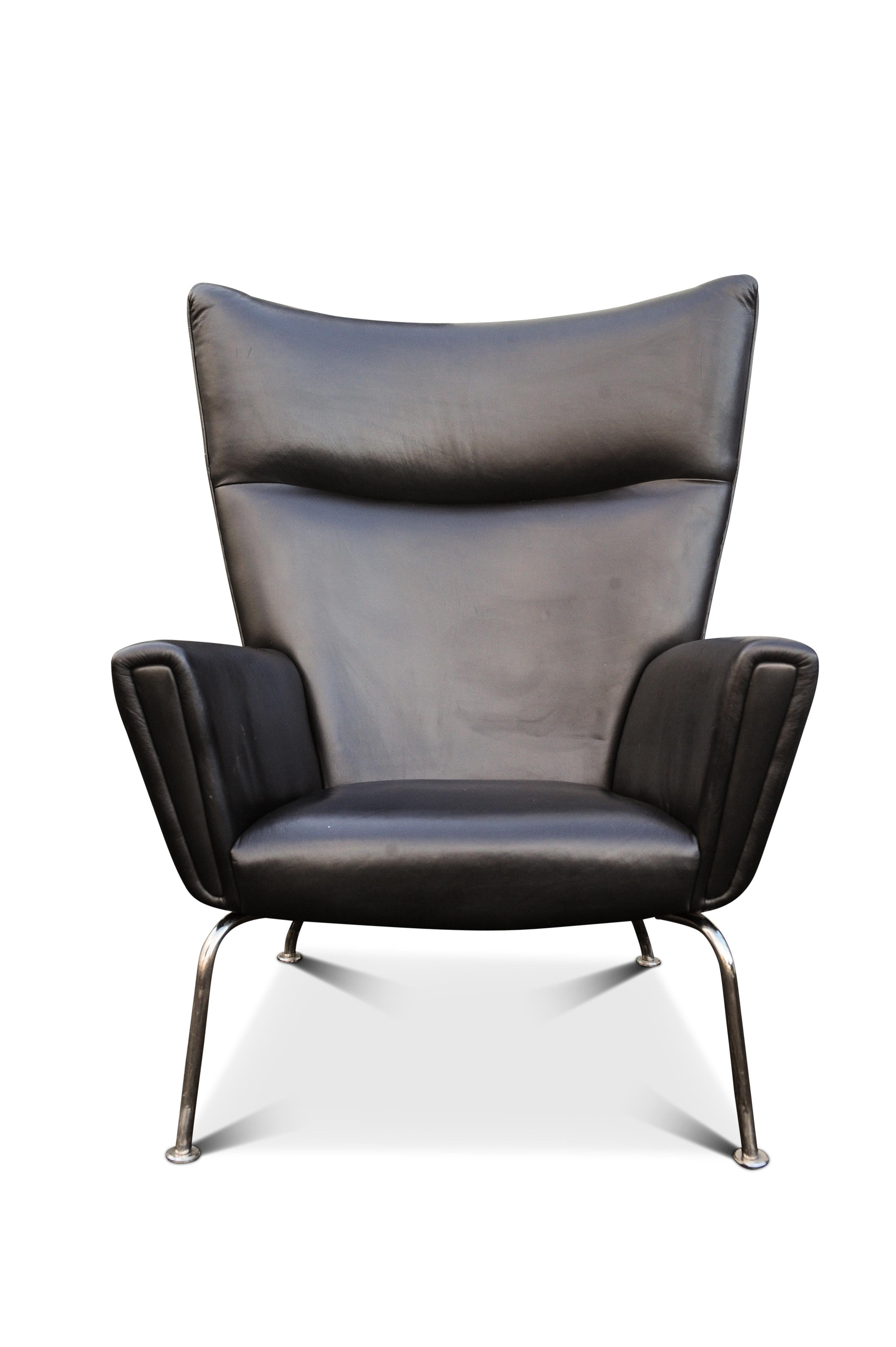Steel Hans Wegner CH445 Design Style Black Leather Wing Armchair & Ottoman For Sale