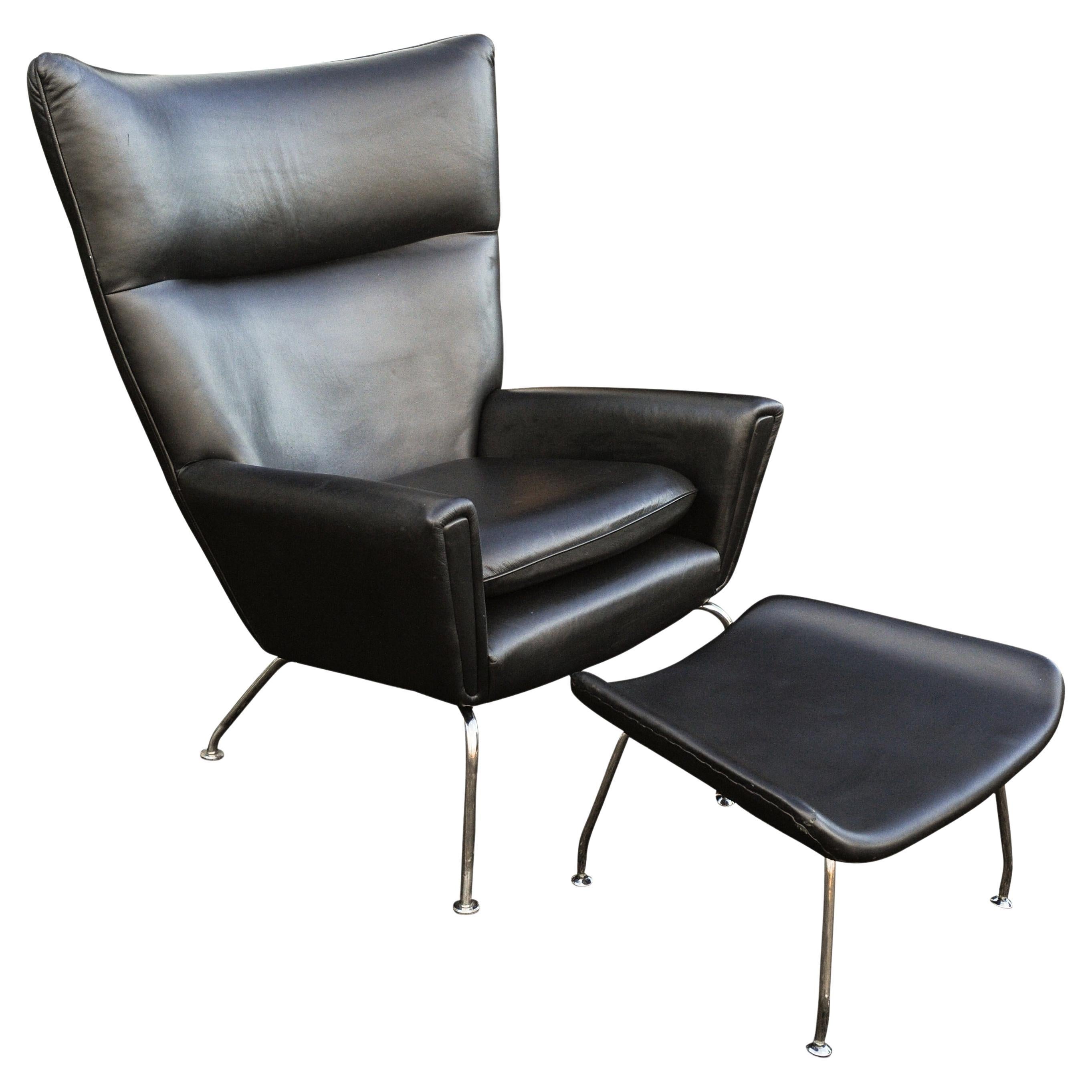 Hans Wegner CH445 Design Style Black Leather Wing Armchair & Ottoman For Sale