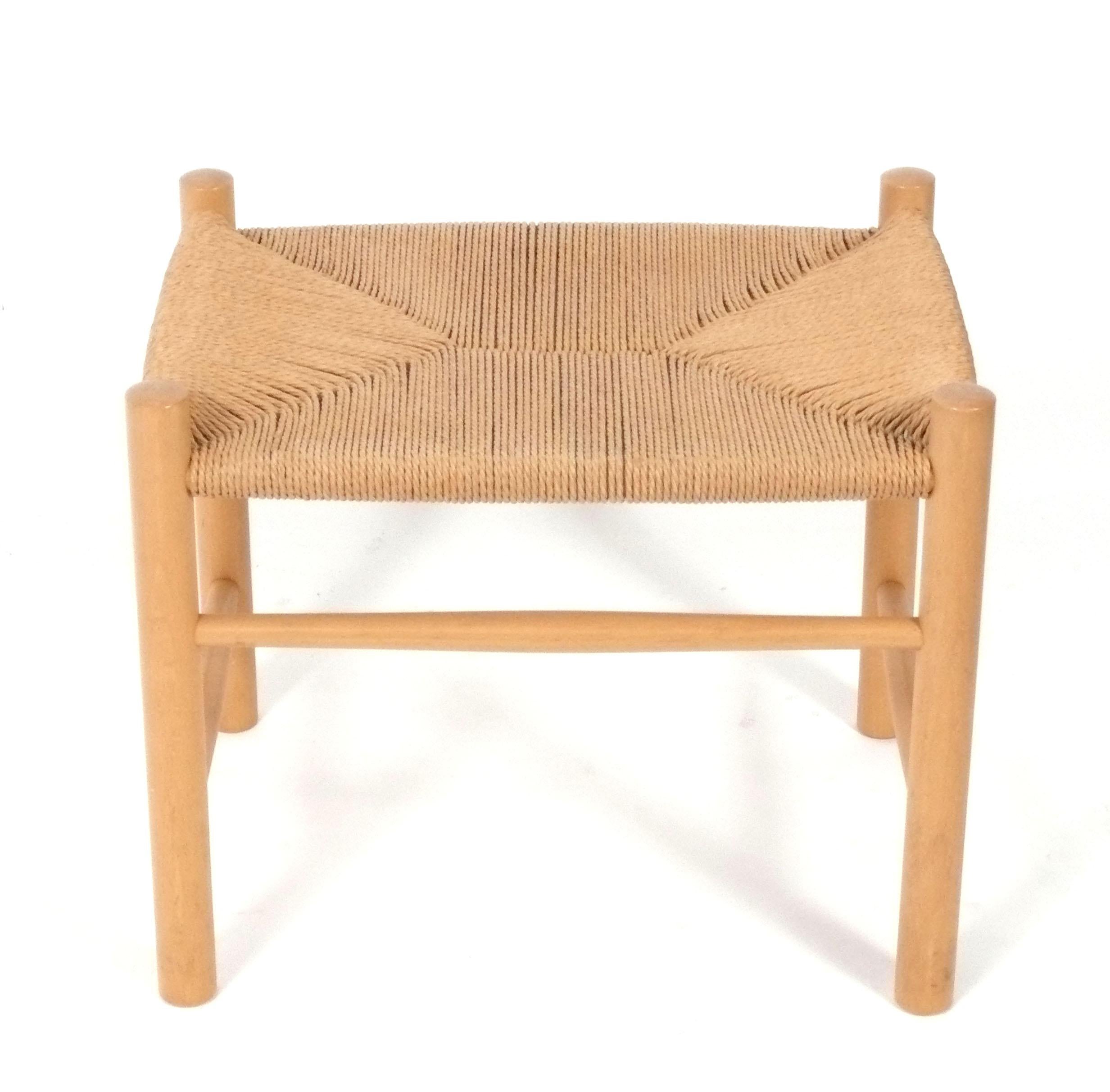 Danish Modern Beech and Woven Cord Stool or Ottoman, designed by Hans Wegner and probably made by Carl Hansen, Denmark, circa 1970s. 