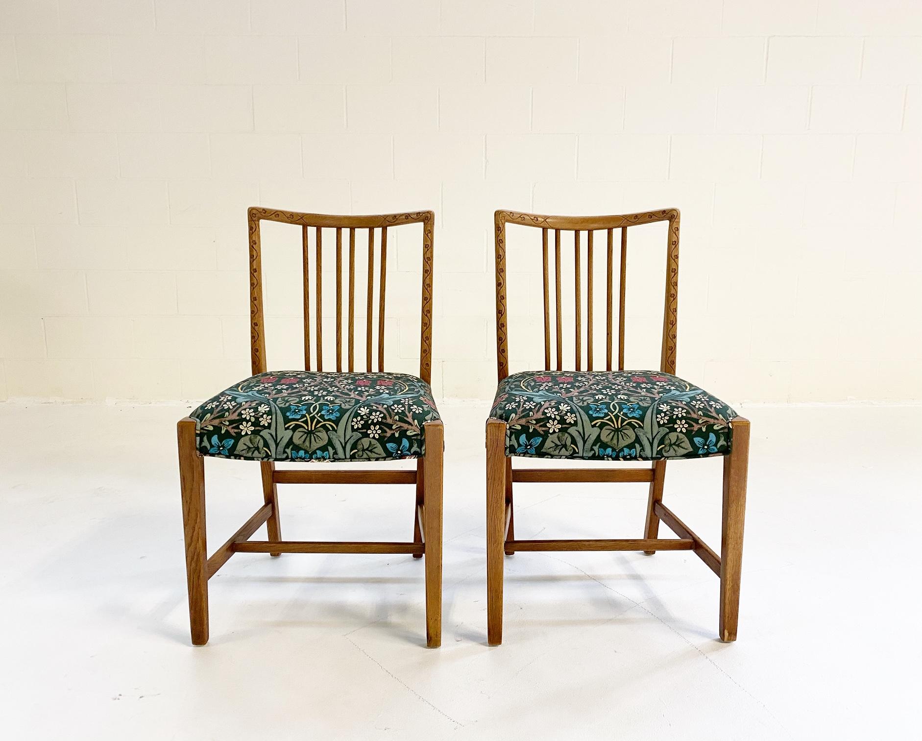 Danish Hans Wegner Dining Chairs in William Morris Blackthorn, Pair For Sale